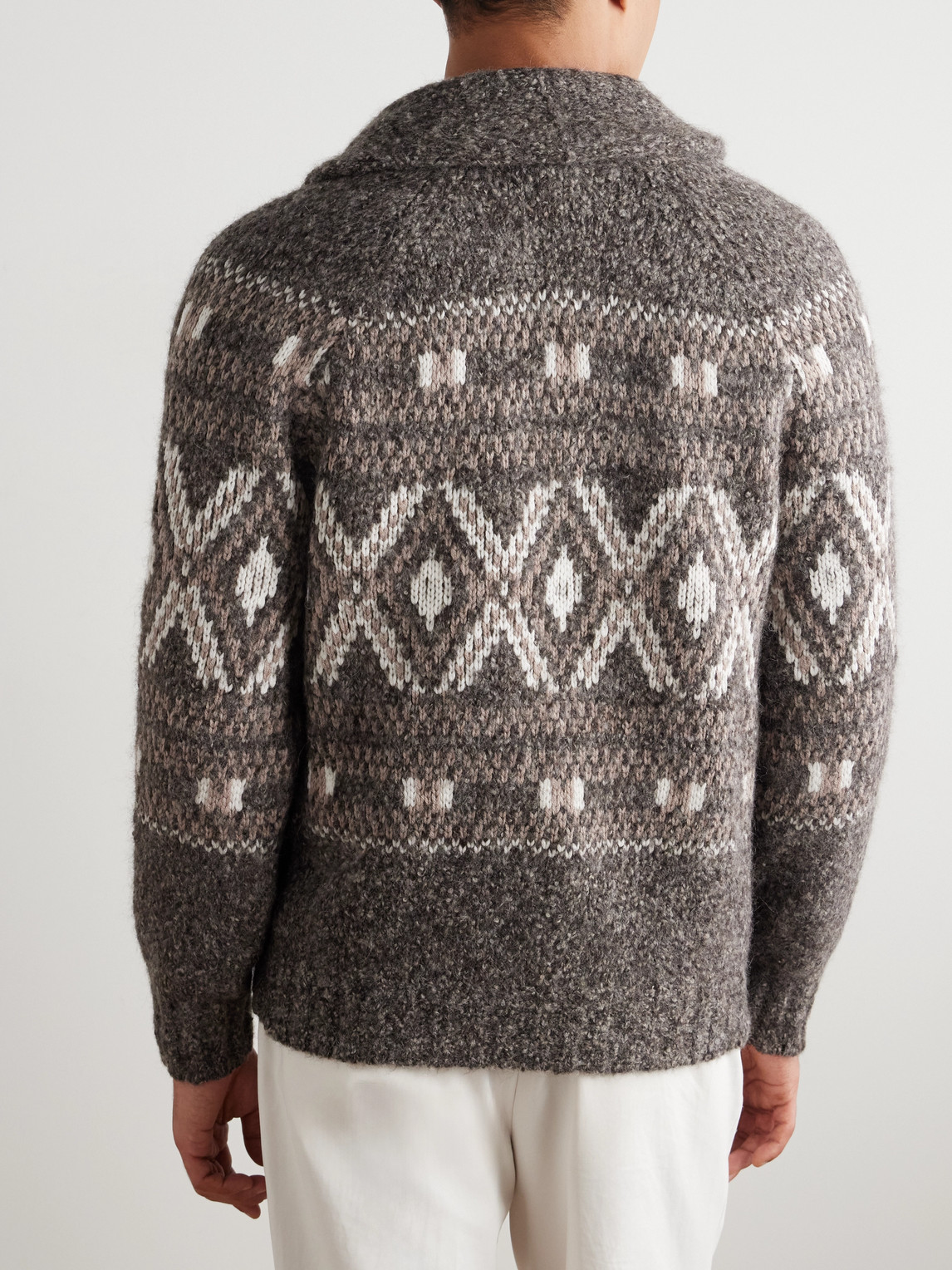 Brunello Cucinelli Shawl-collar Fair Isle Alpaca-blend Cardigan In Gray