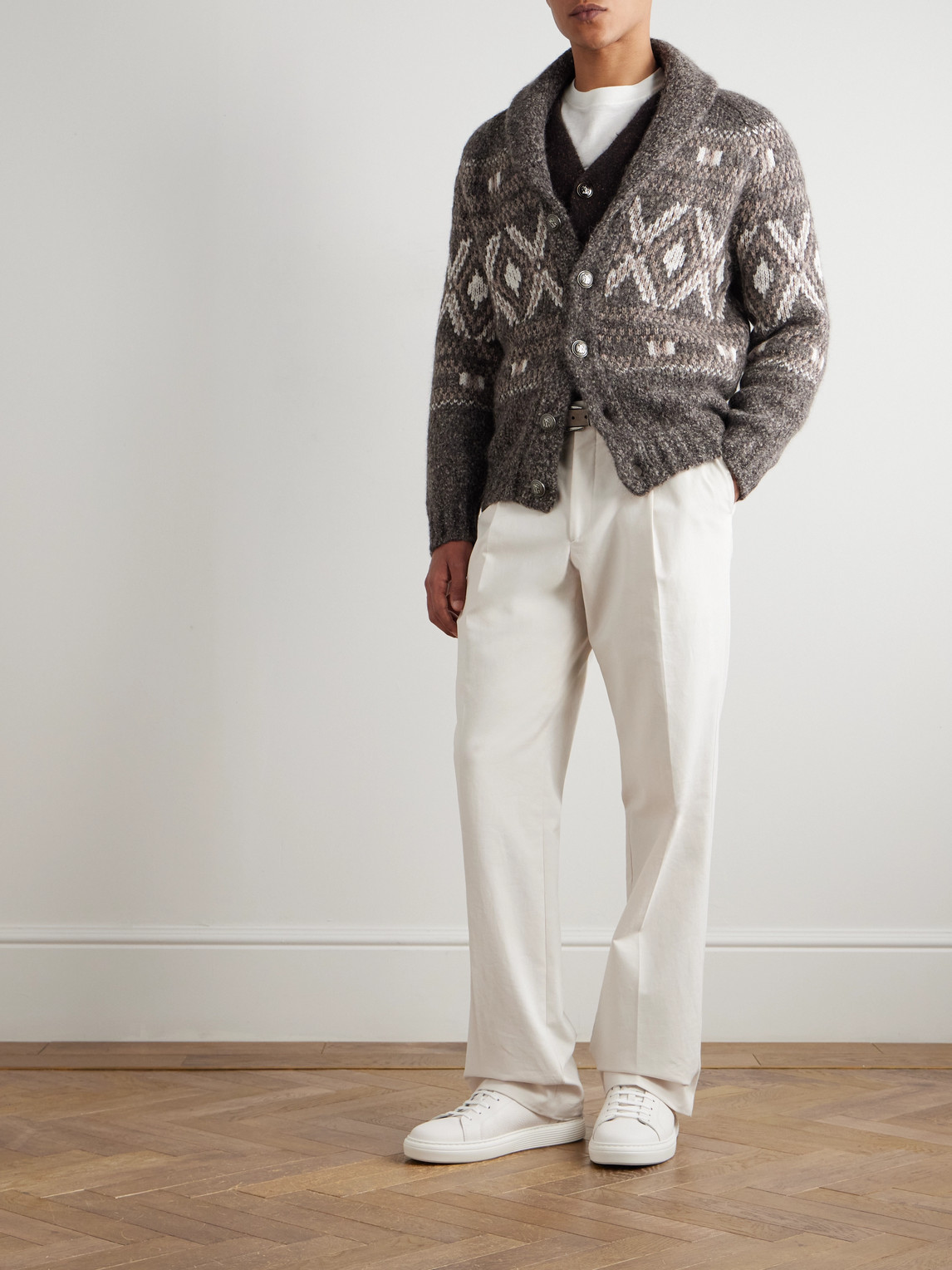 Brunello Cucinelli Shawl-collar Fair Isle Alpaca-blend Cardigan In Gray