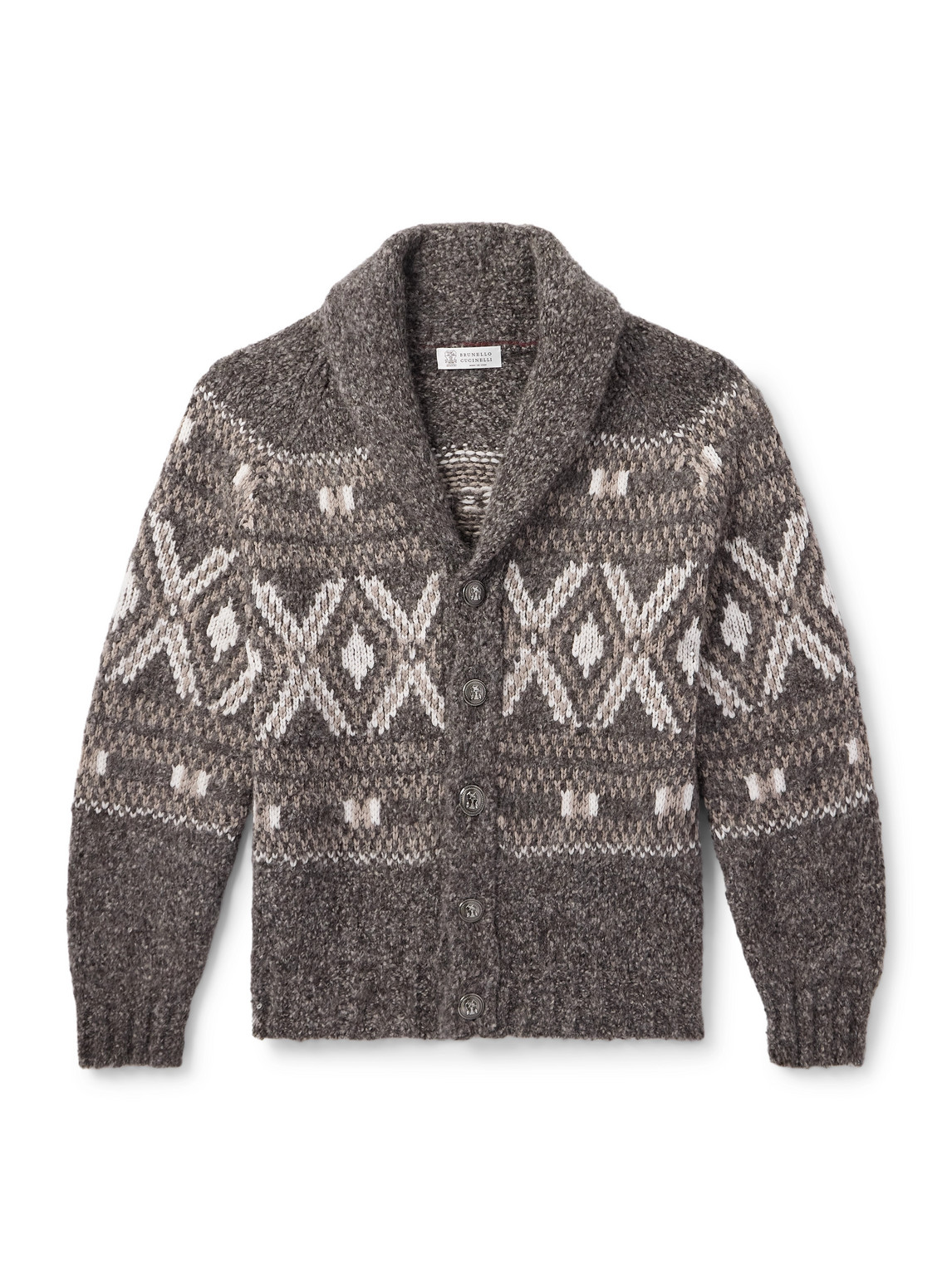 Brunello Cucinelli Shawl-collar Fair Isle Alpaca-blend Cardigan In Gray