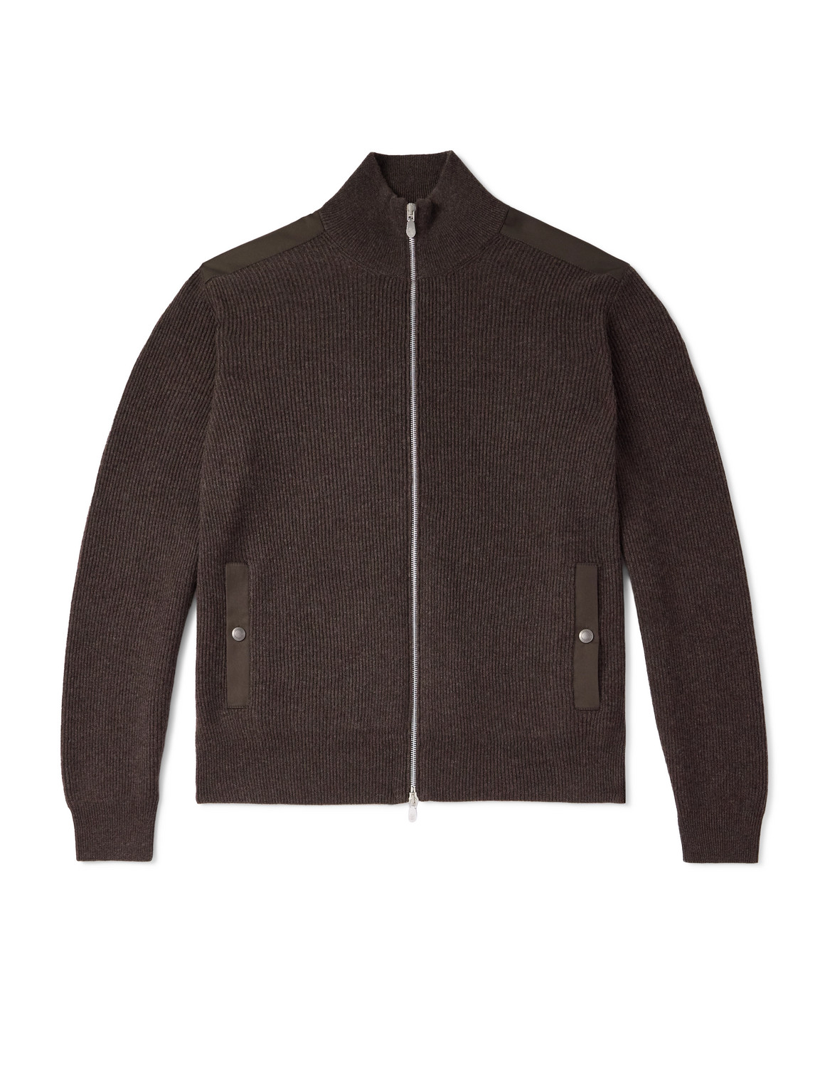 Cotton Twill-Trimmed Ribbed Cashmere Zip-Up Cardigan