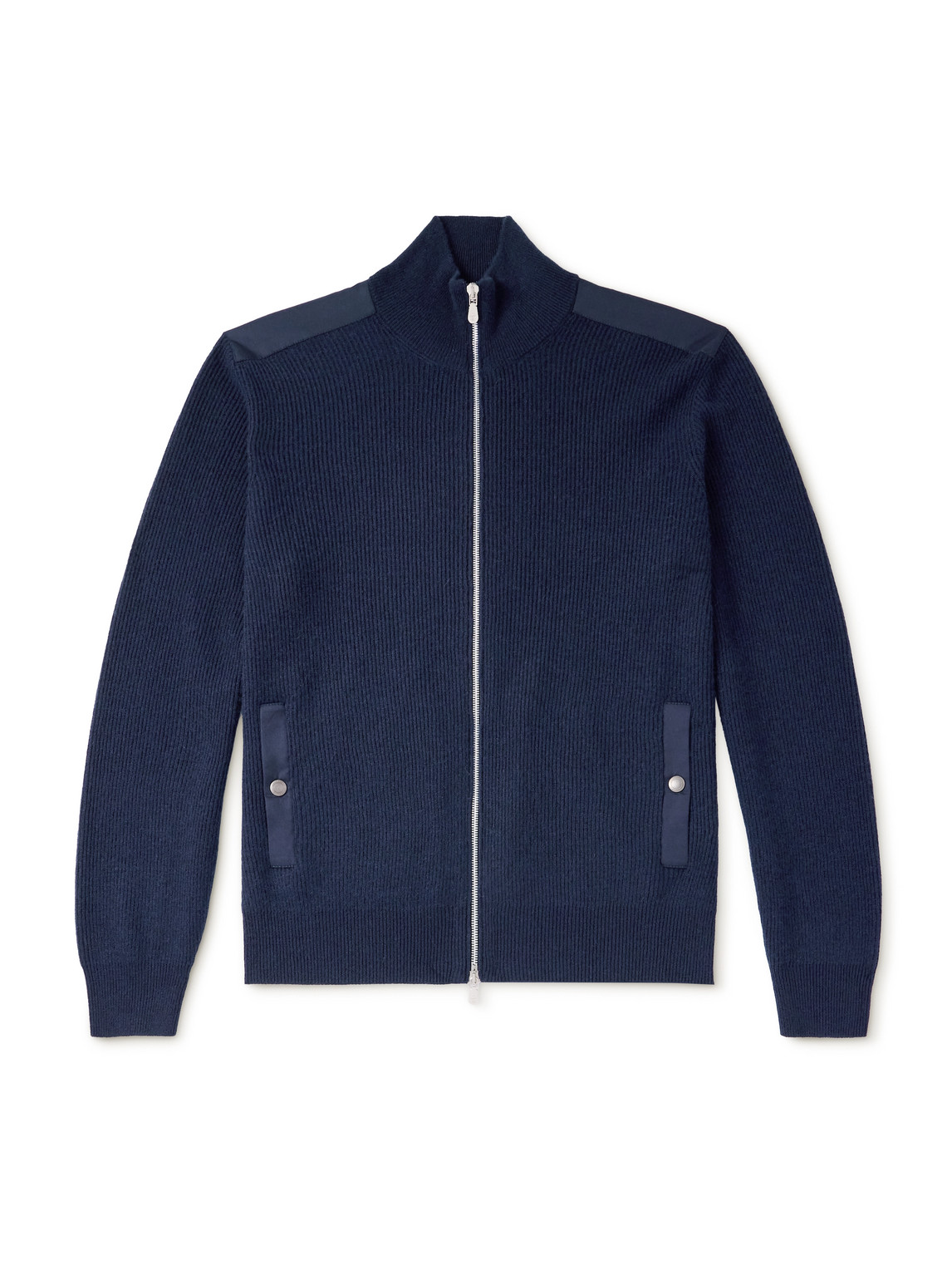 Cotton Twill-Trimmed Ribbed Cashmere Zip-Up Cardigan