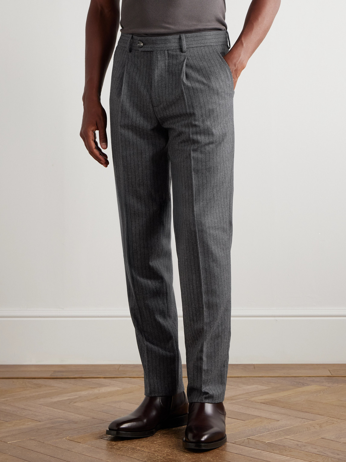 Brunello Cucinelli Straight-leg Pleated Striped Wool-flannel Suit Trousers