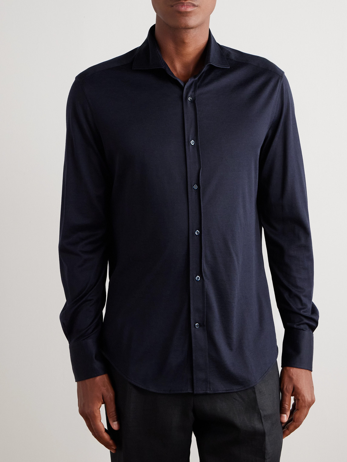 Brunello Cucinelli Slim-fit Cutaway-collar Silk And Cotton-blend Shirt In Blue