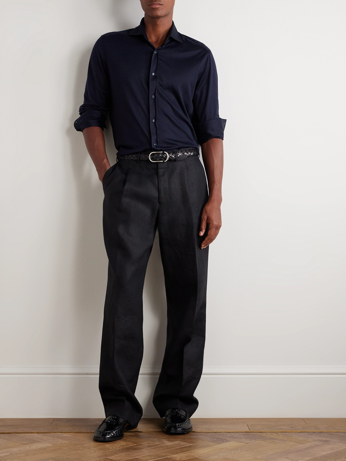 Brunello Cucinelli Slim-fit Cutaway-collar Silk And Cotton-blend Shirt In Blue