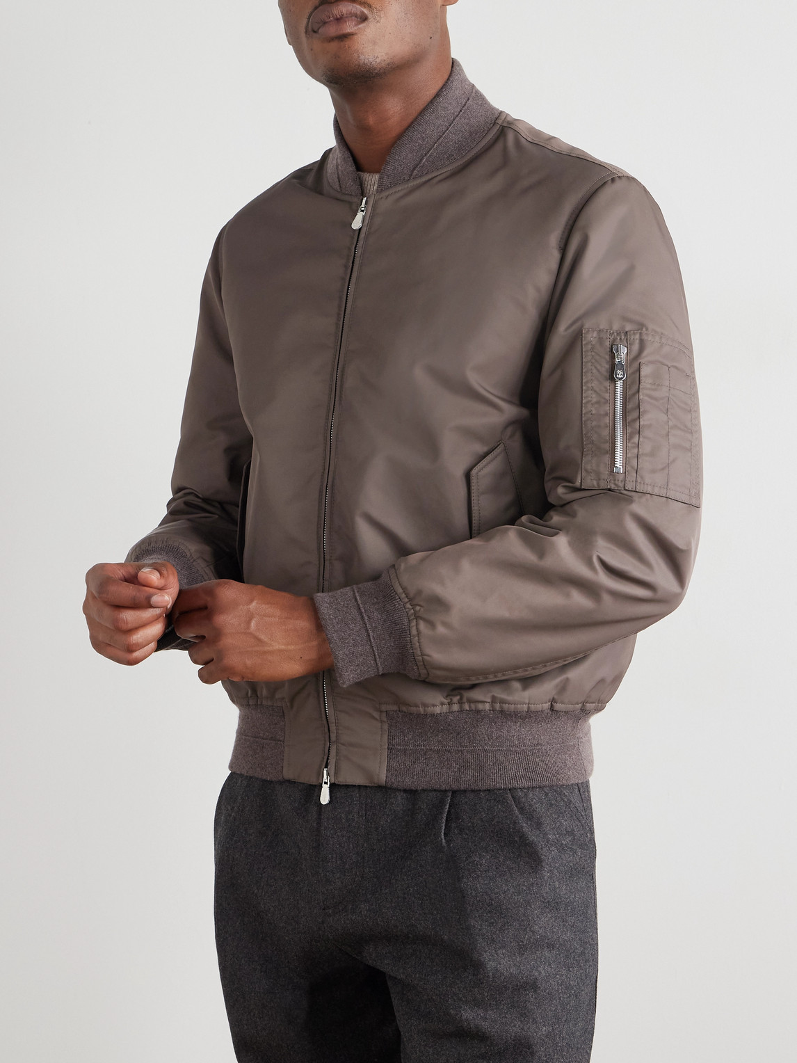 Brunello Cucinelli Padded Nylon Bomber Jacket In Brown