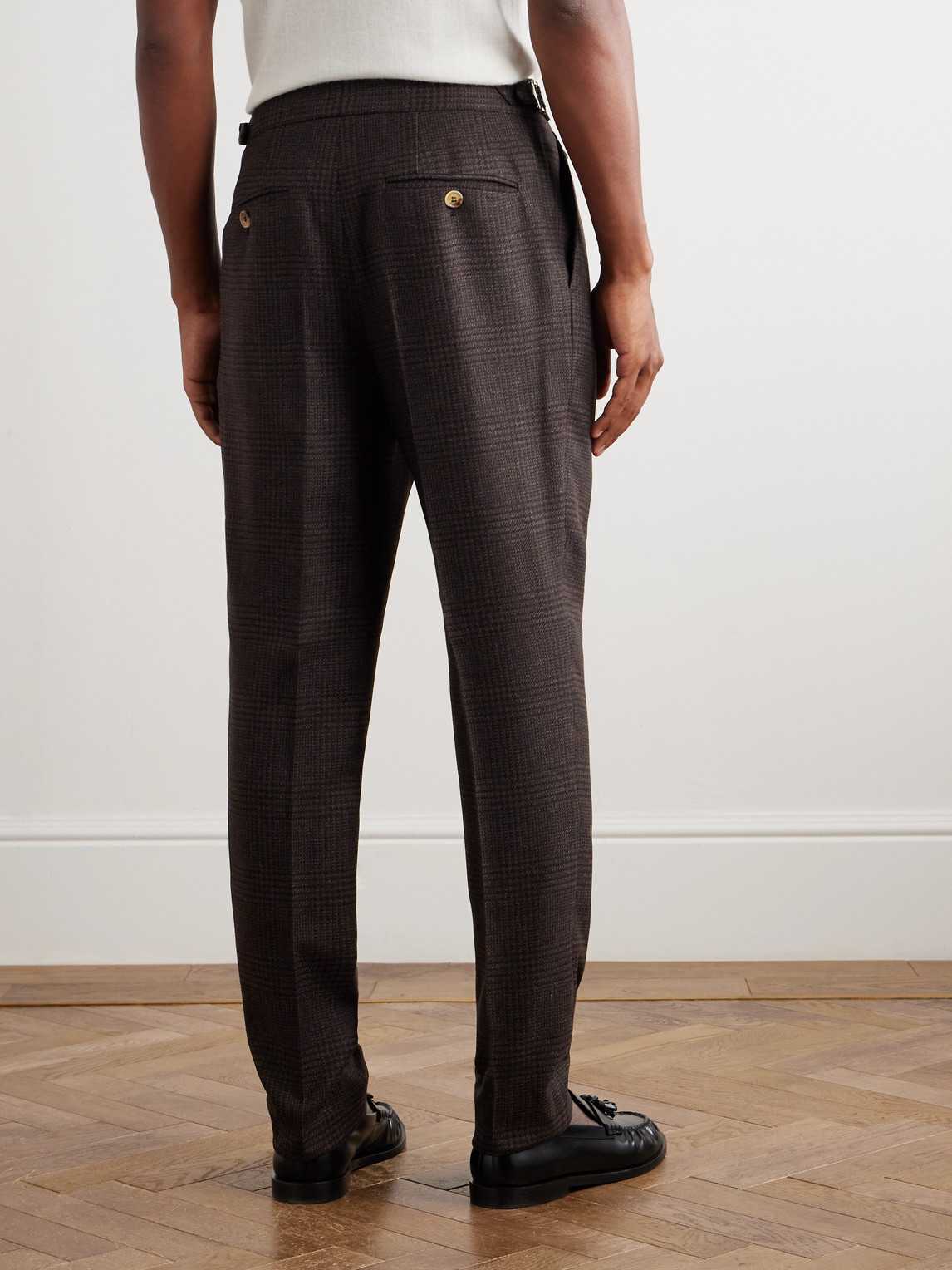 Brunello Cucinelli Straight-leg Pleated Prince Of Wales Wool, Cashmere And Silk-blend Suit Trousers In Black