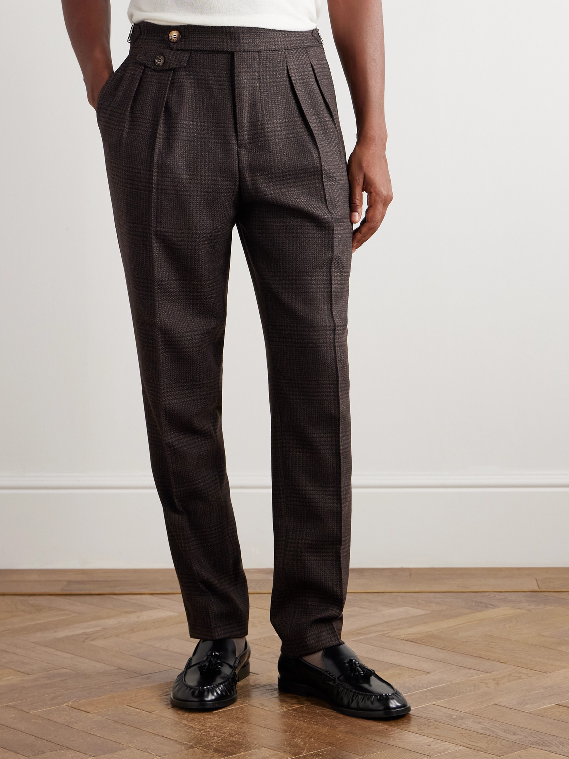 Brunello Cucinelli Straight-leg Pleated Prince Of Wales Wool, Cashmere And Silk-blend Suit Trousers In Black