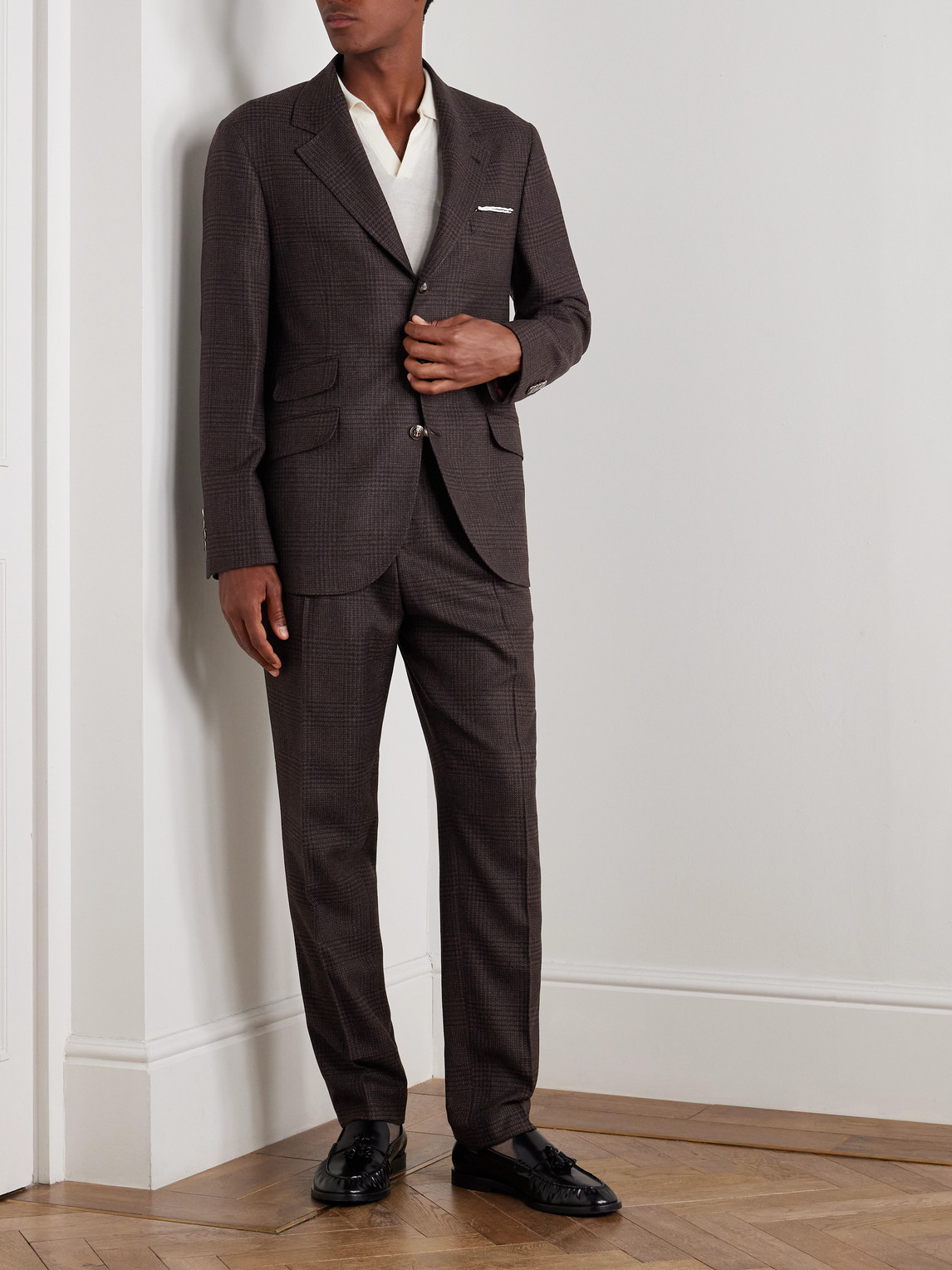 Brunello Cucinelli Straight-leg Pleated Prince Of Wales Wool, Cashmere And Silk-blend Suit Trousers In Black