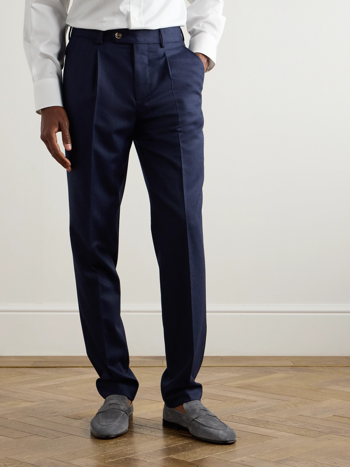 Brunello Cucinelli Straight-leg Pleated Wool-flannel Trousers In Blue