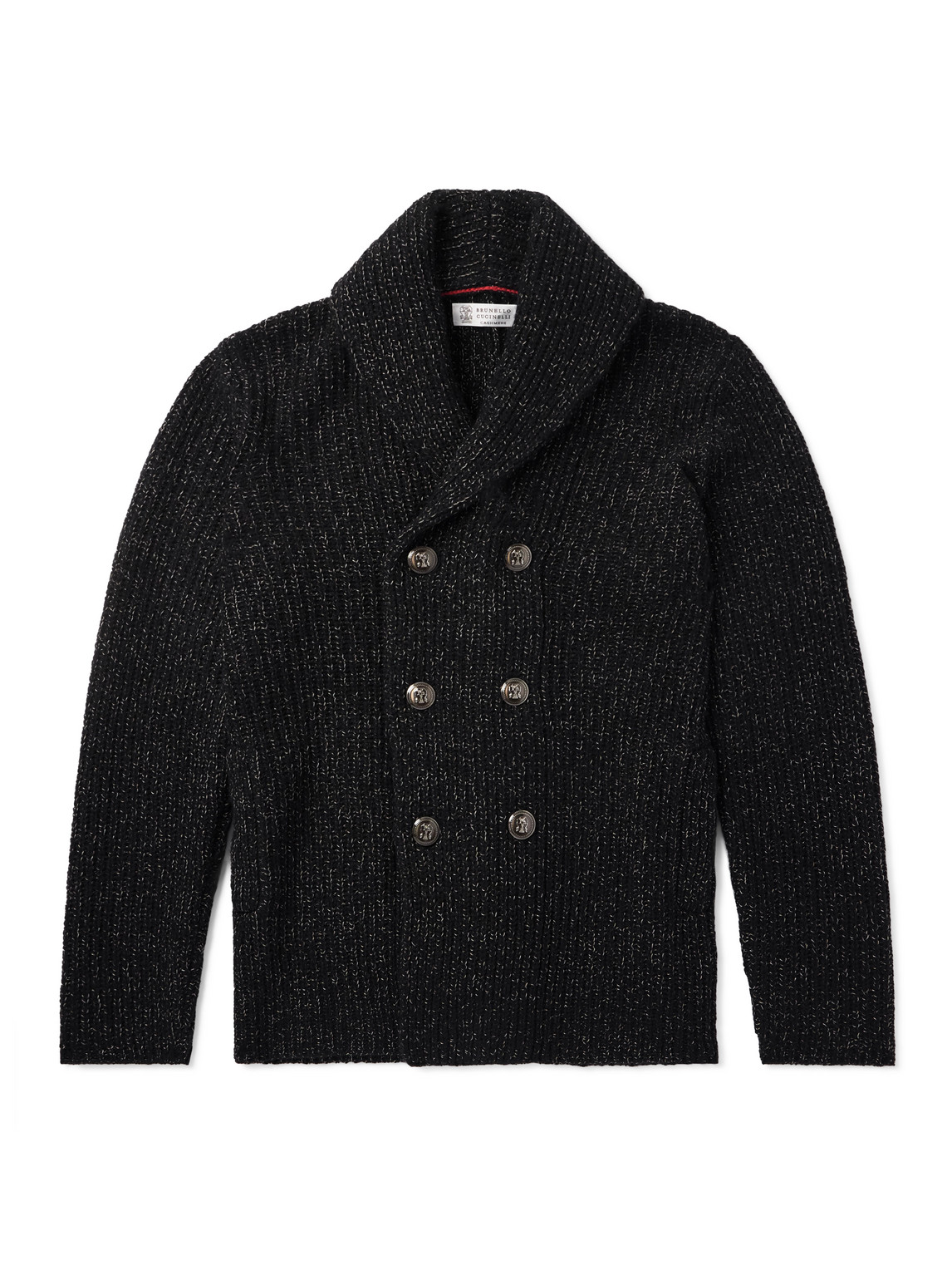 Brunello Cucinelli Shawl-collar Double-breasted Ribbed Virgin Wool, Silk And Cashmere-blend Cardigan In Black