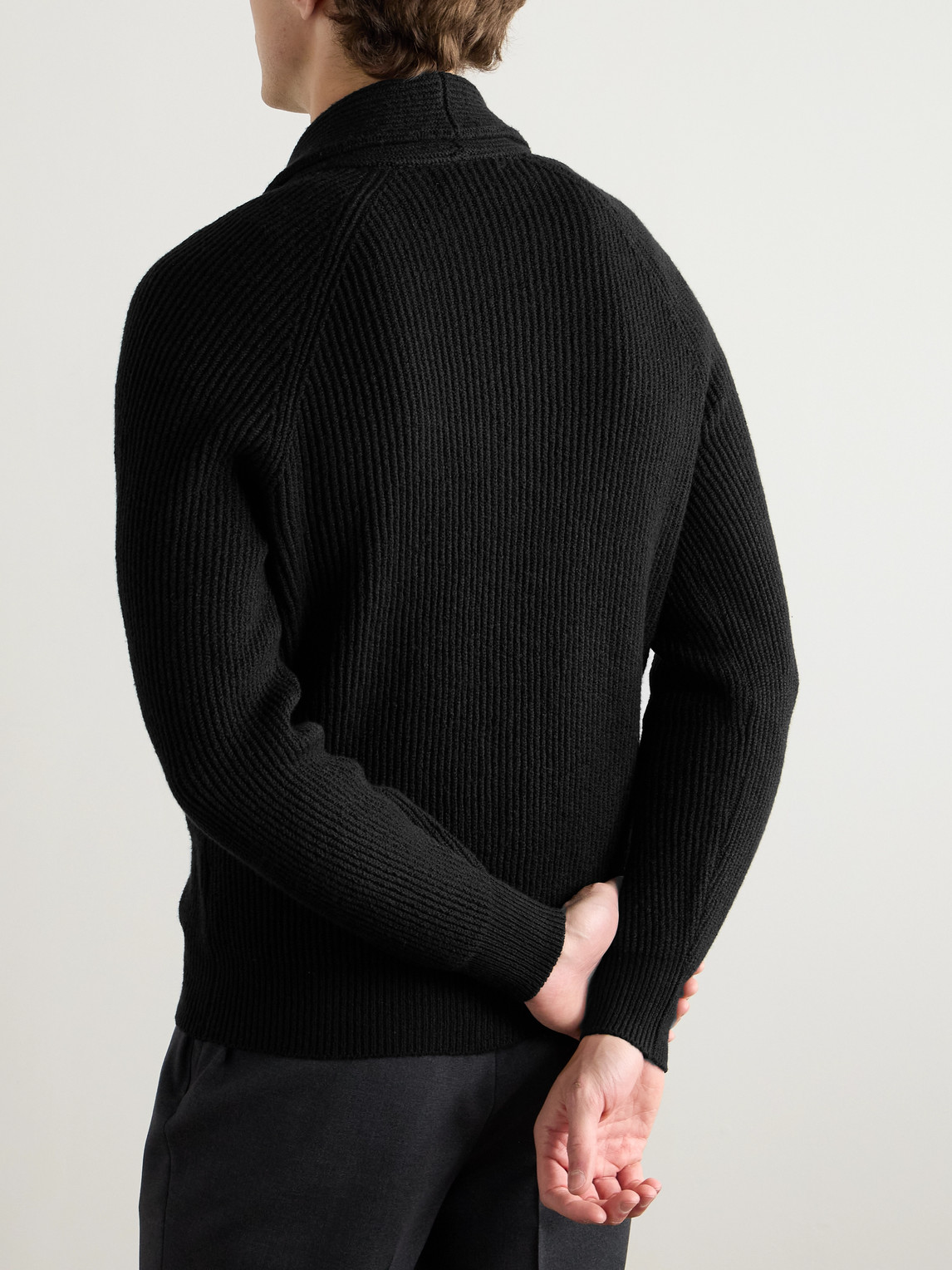 Brunello Cucinelli Shawl-collar Ribbed Cotton Cardigan In Black