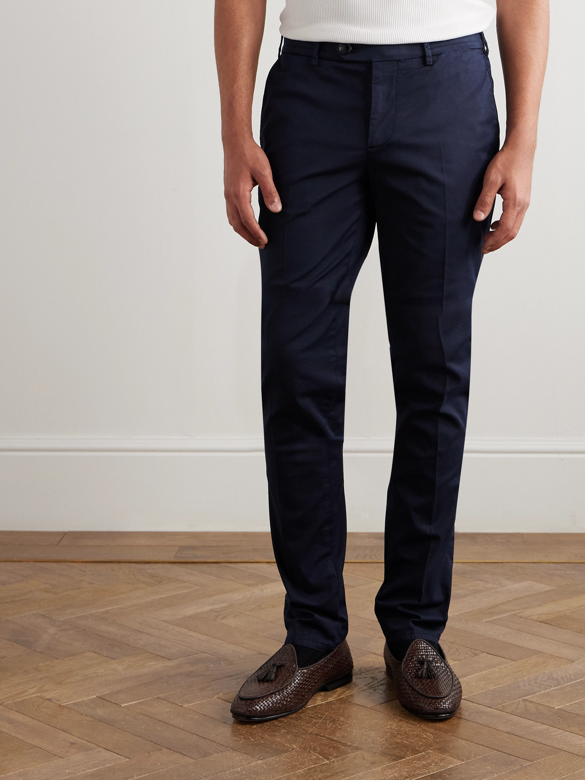 Brunello Cucinelli Slim-fit Tapered Stretch-cotton Twill Trousers In Blue