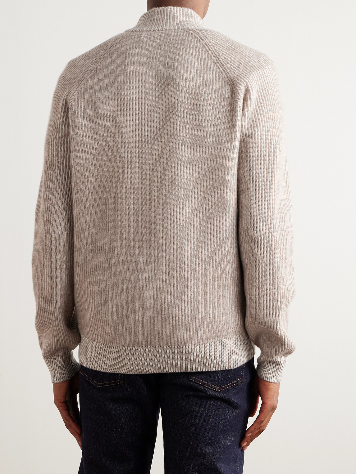 Brunello Cucinelli Cashmere High Neck Zip-up Cardigan With Ribbed Knit In Neutral