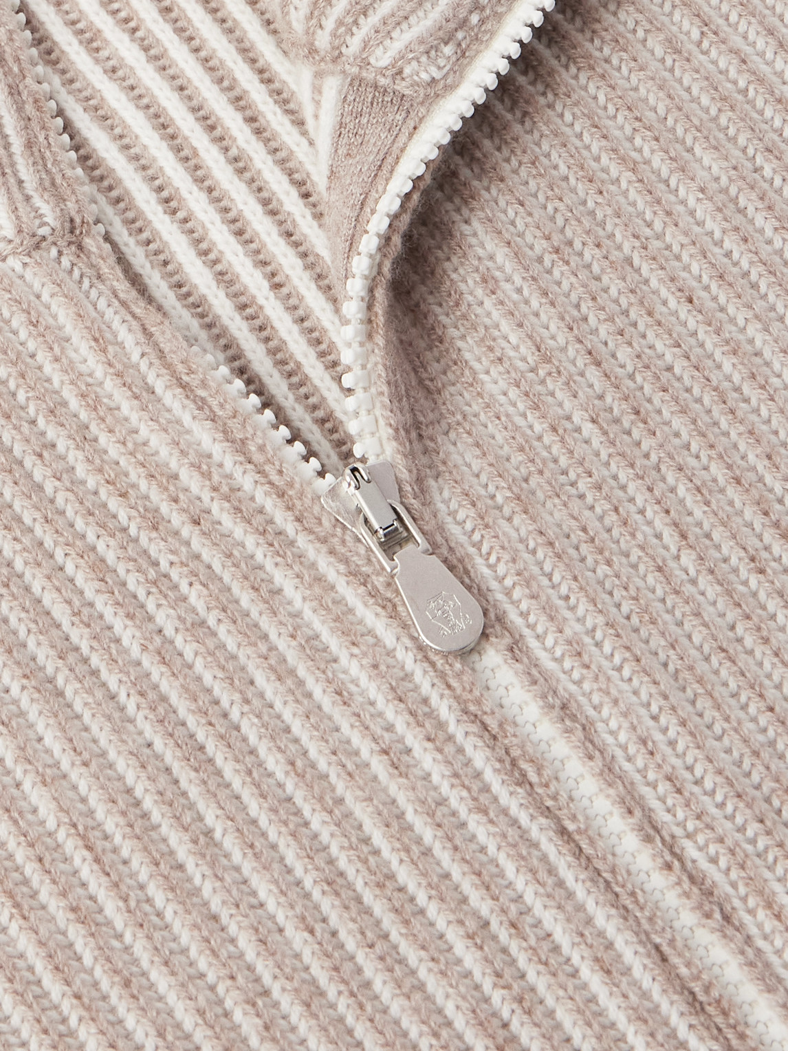 Brunello Cucinelli Cashmere High Neck Zip-up Cardigan With Ribbed Knit In Neutral