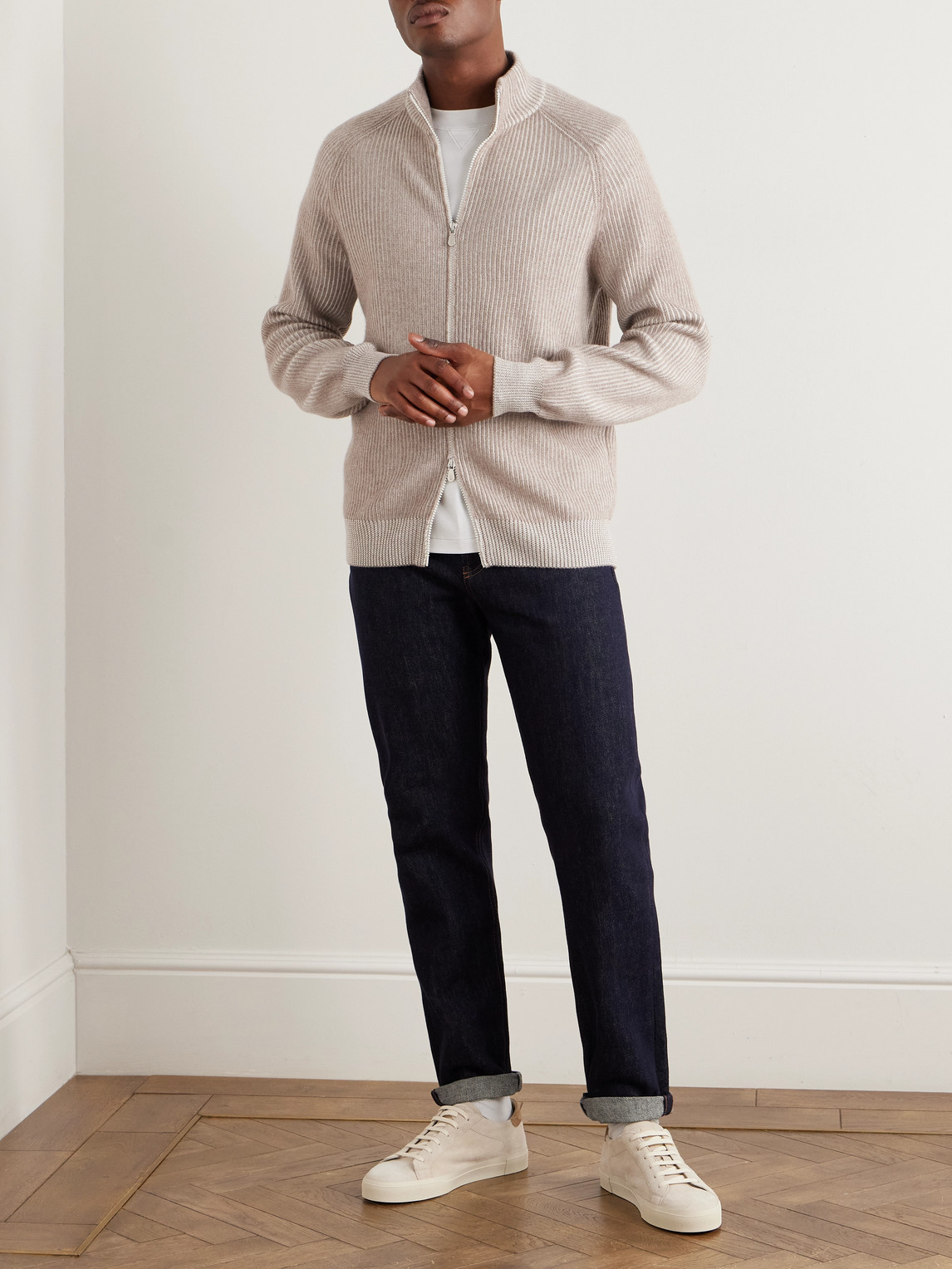 Brunello Cucinelli Cashmere High Neck Zip-up Cardigan With Ribbed Knit In Neutral