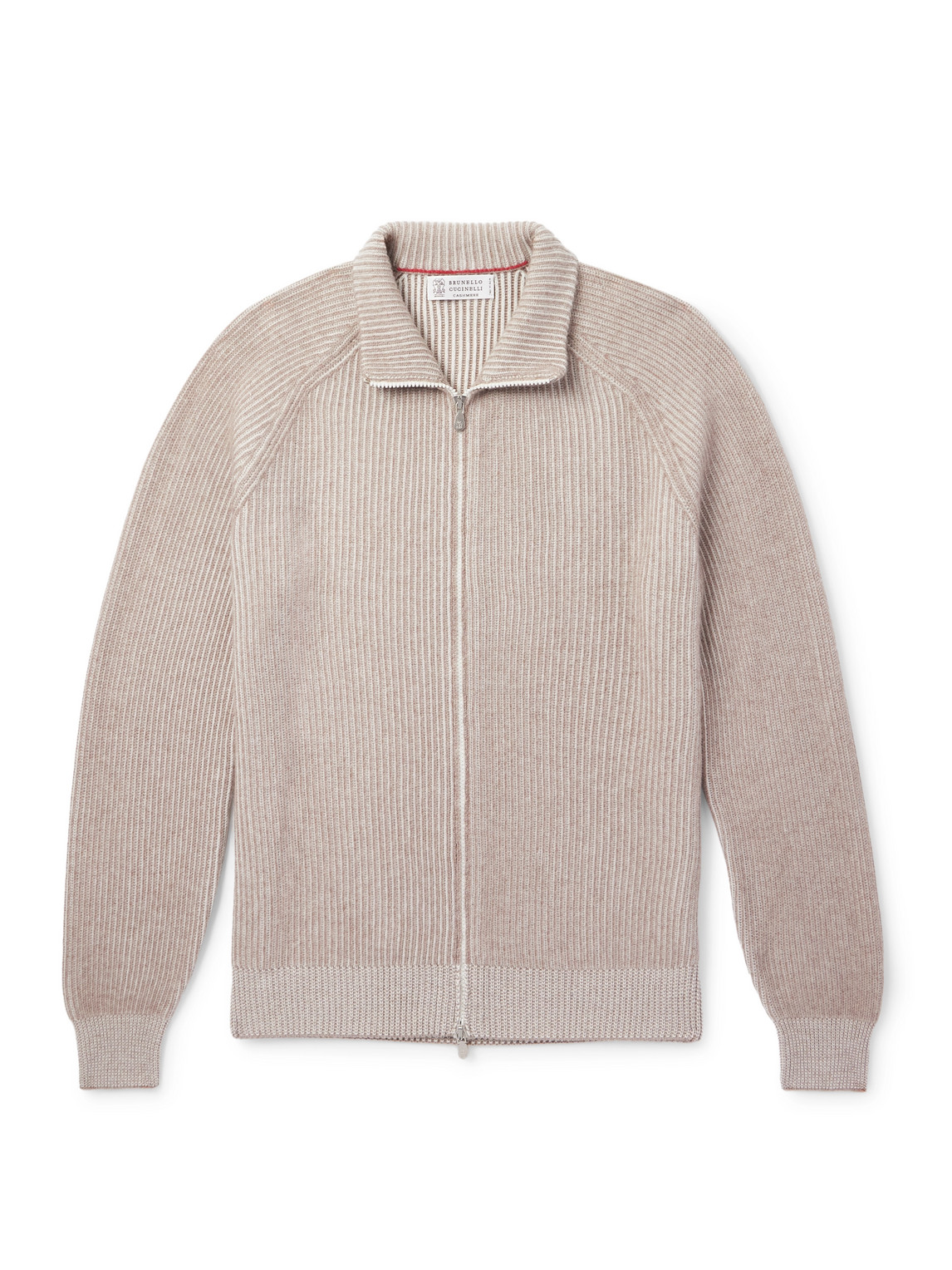 Brunello Cucinelli Cashmere High Neck Zip-up Cardigan With Ribbed Knit In Neutral