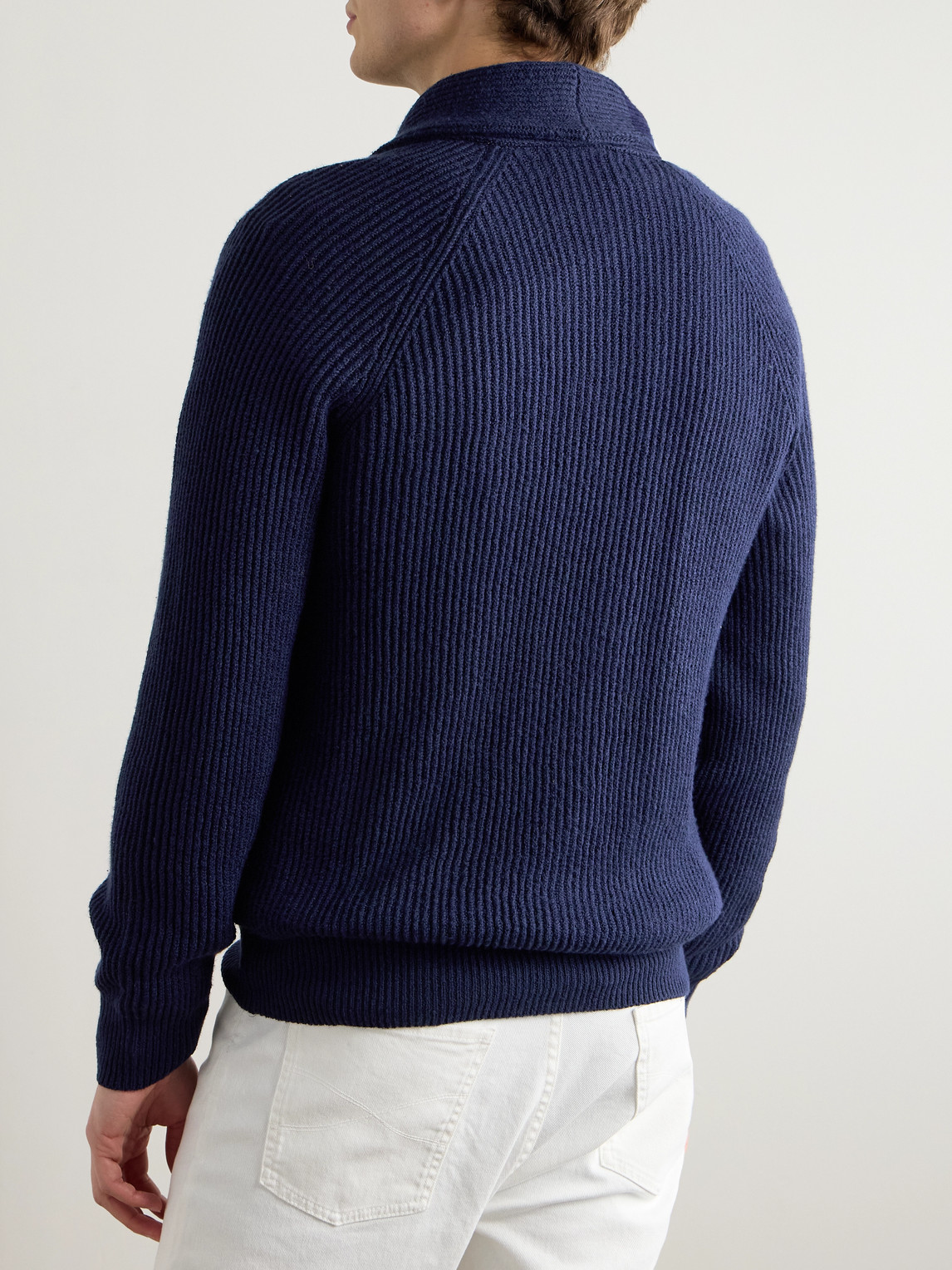 Brunello Cucinelli Shawl-collar Ribbed Cotton Cardigan In Blue