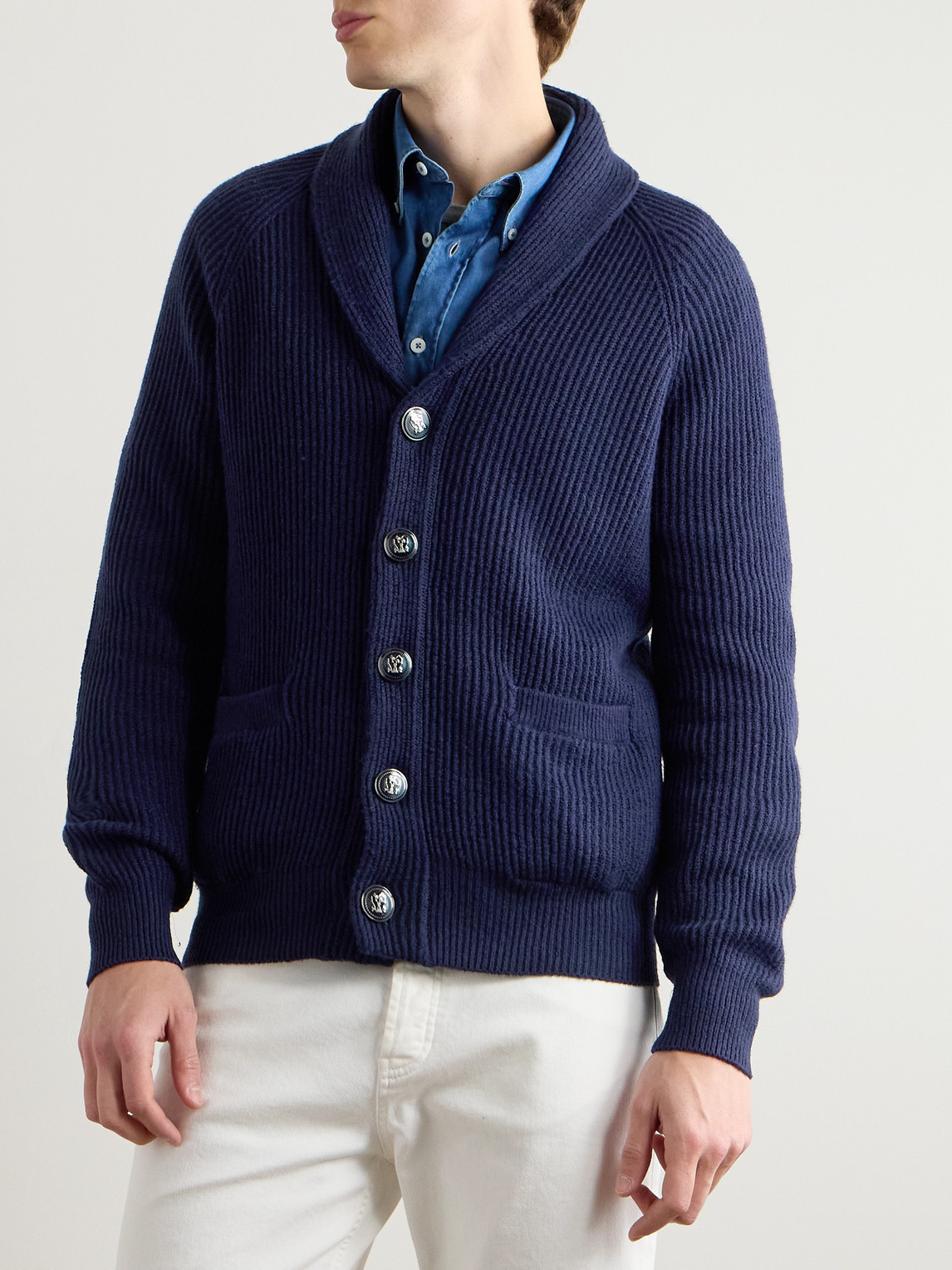 Brunello Cucinelli Shawl-collar Ribbed Cotton Cardigan In Blue