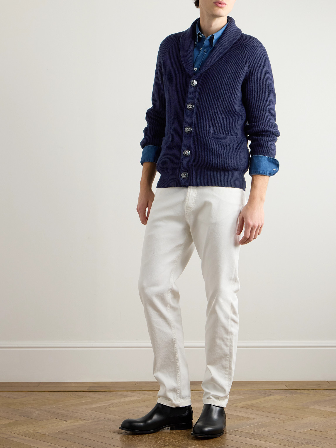 Brunello Cucinelli Shawl-collar Ribbed Cotton Cardigan In Blue