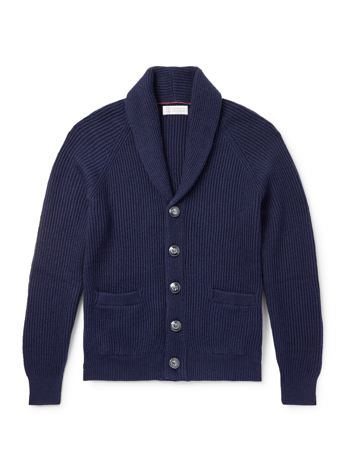 Brunello Cucinelli Shawl-collar Ribbed Cotton Cardigan In Blue