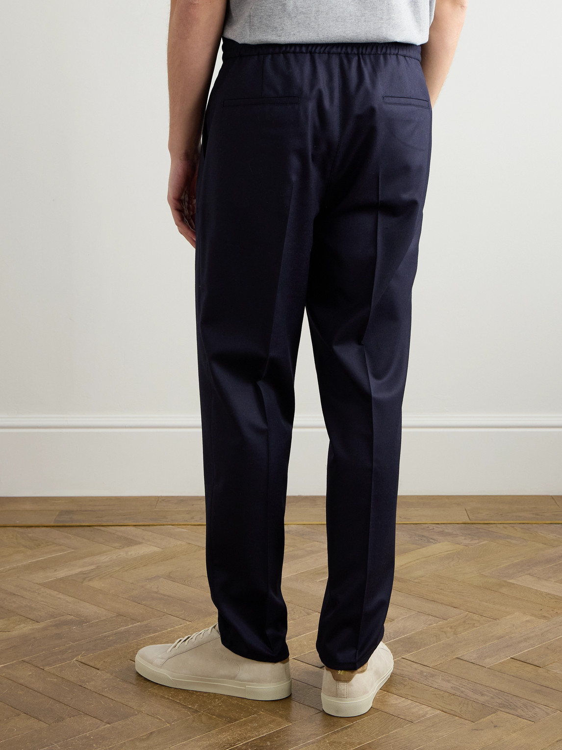 Brunello Cucinelli Tapered Pleated Virgin Wool-flannel Drawstring Trousers In Blue