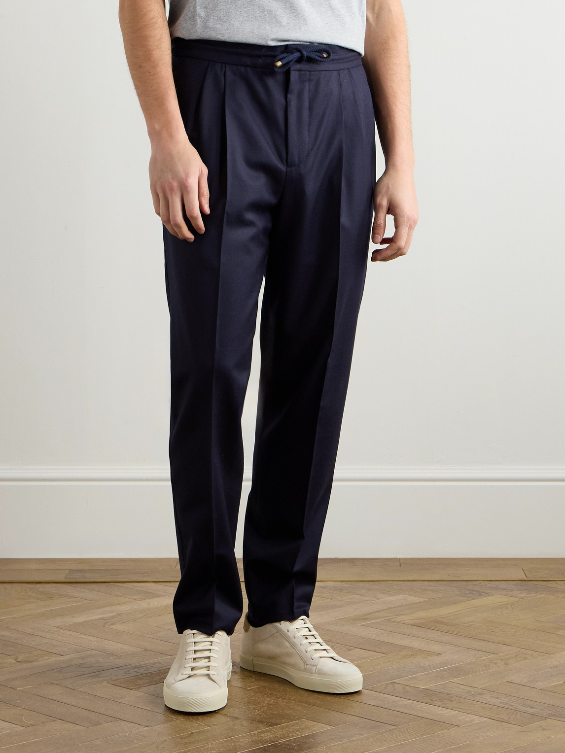 Brunello Cucinelli Tapered Pleated Virgin Wool-flannel Drawstring Trousers In Blue