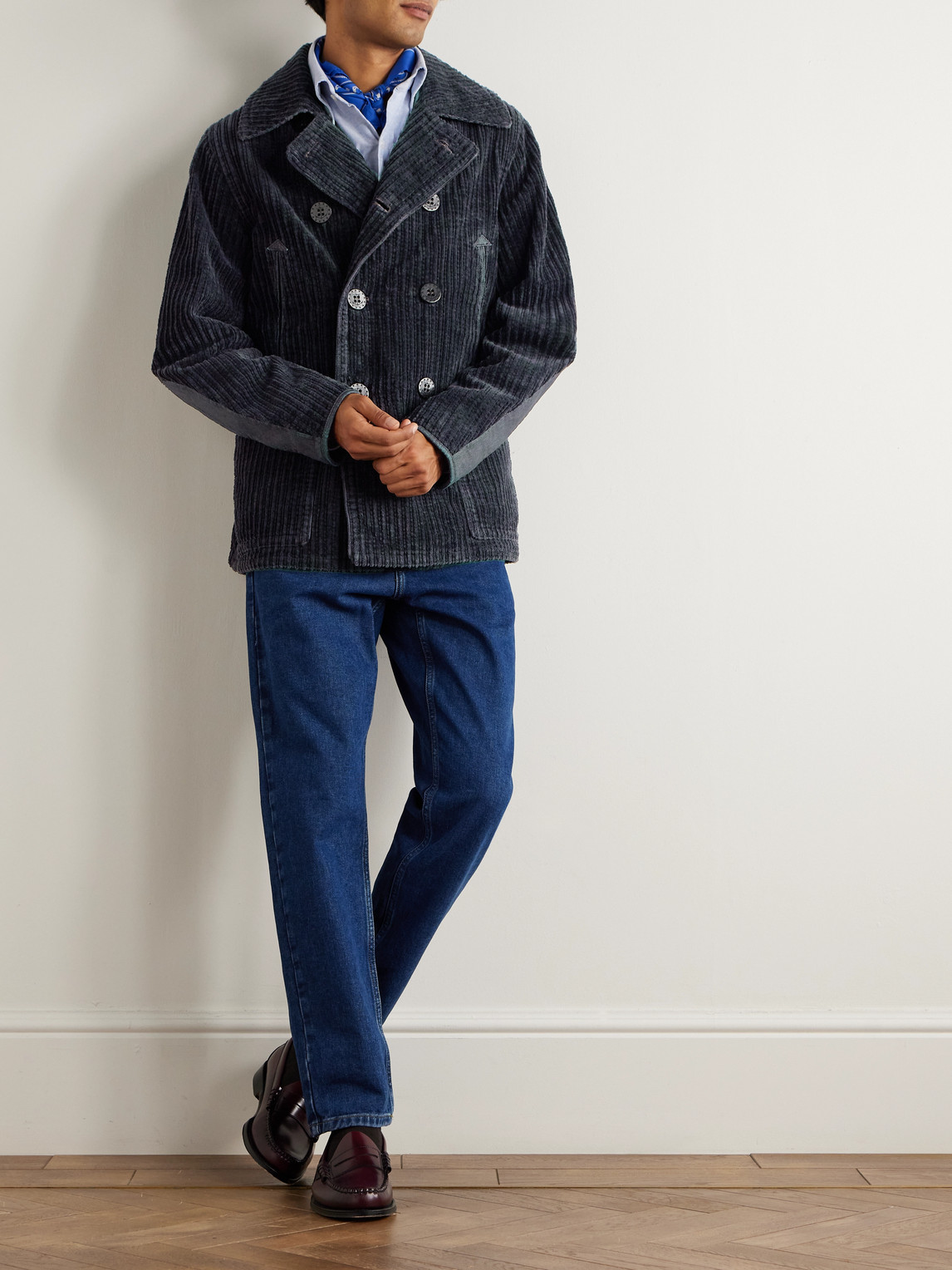 Rrl Double-breasted Cotton-corduroy Peacoat In Blue