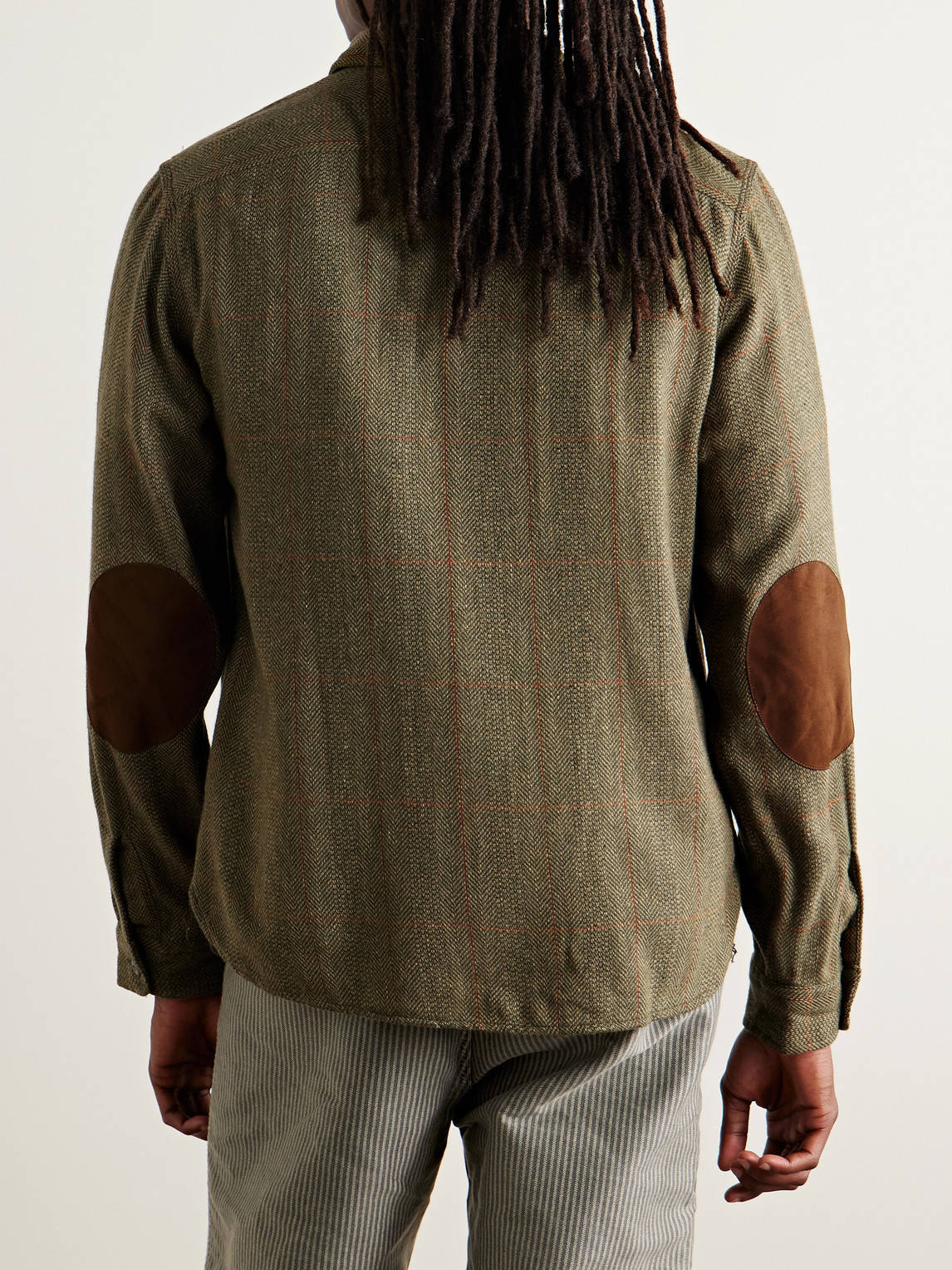 Rrl Grayson Suede-trimmed Herringbone Shirt In Green