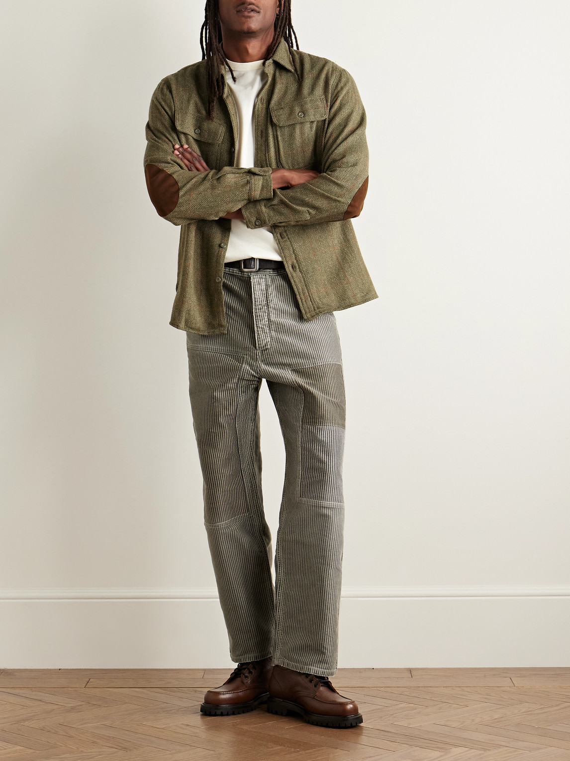 Rrl Grayson Suede-trimmed Herringbone Shirt In Green