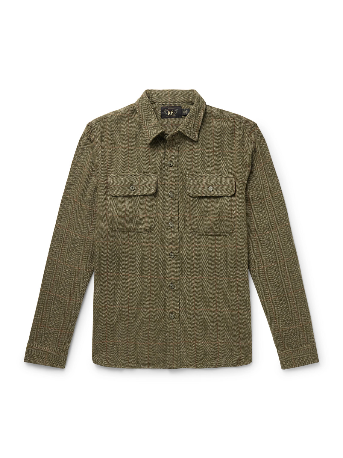 Rrl Grayson Suede-trimmed Herringbone Shirt In Green
