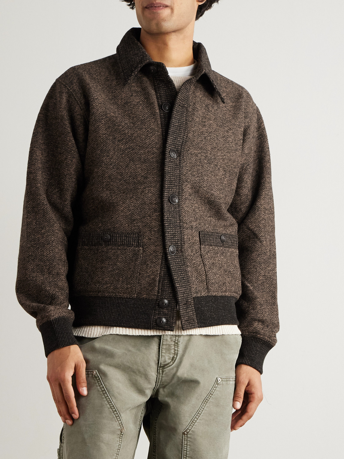 Rrl Angus Herringbone Cardigan In Brown
