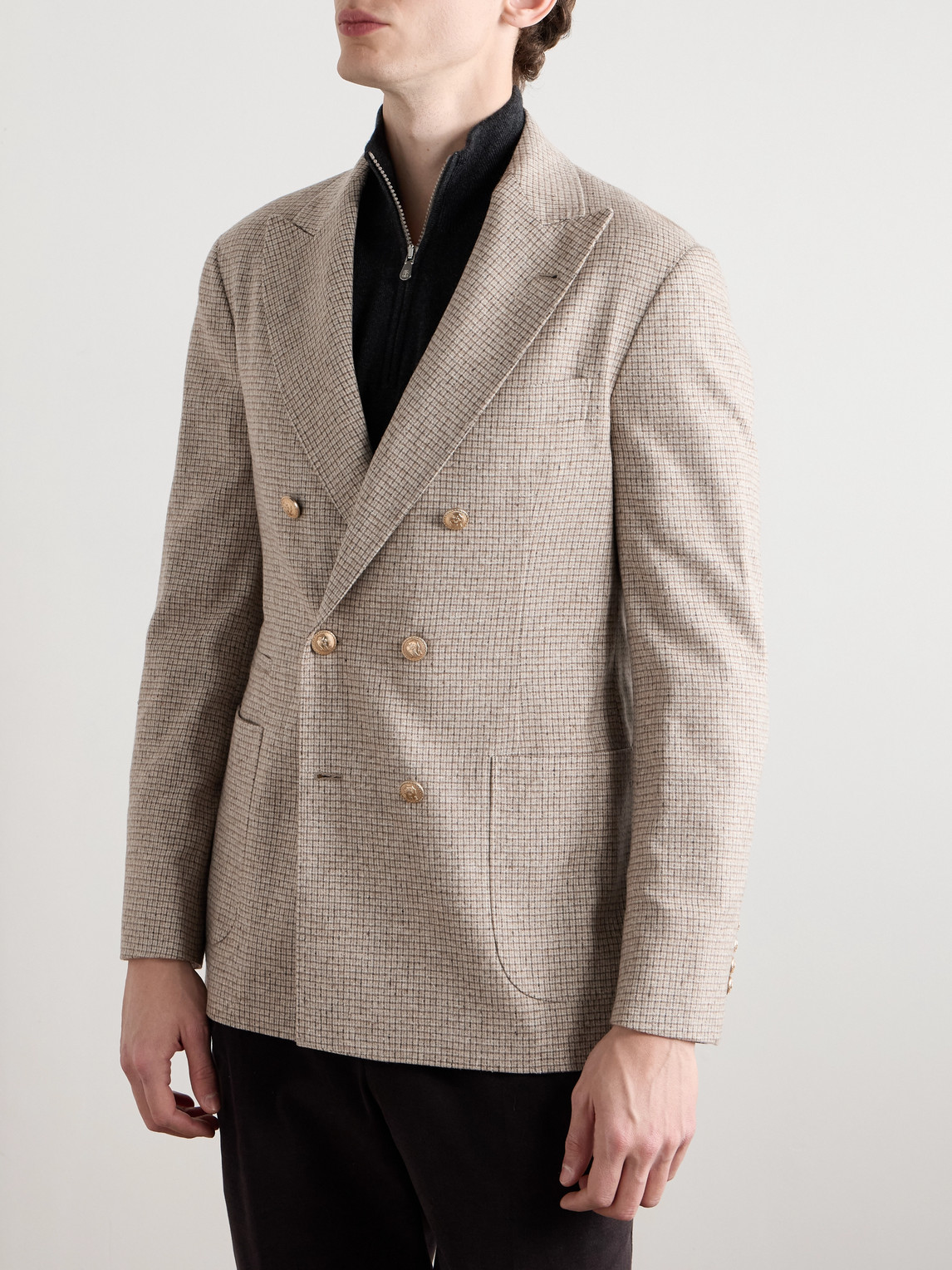 Brunello Cucinelli Double-breasted Checked Silk, Wool And Cashmere-blend Blazer