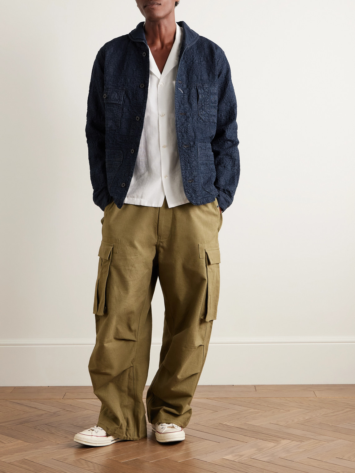 Rrl Deck Shawl-collar Cotton-blend Jacquard Overshirt In Blue