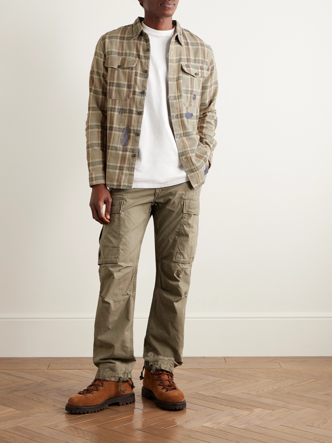 Rrl Wilbur Denim-trimmed Checked Cotton-flannel Shirt In Brown