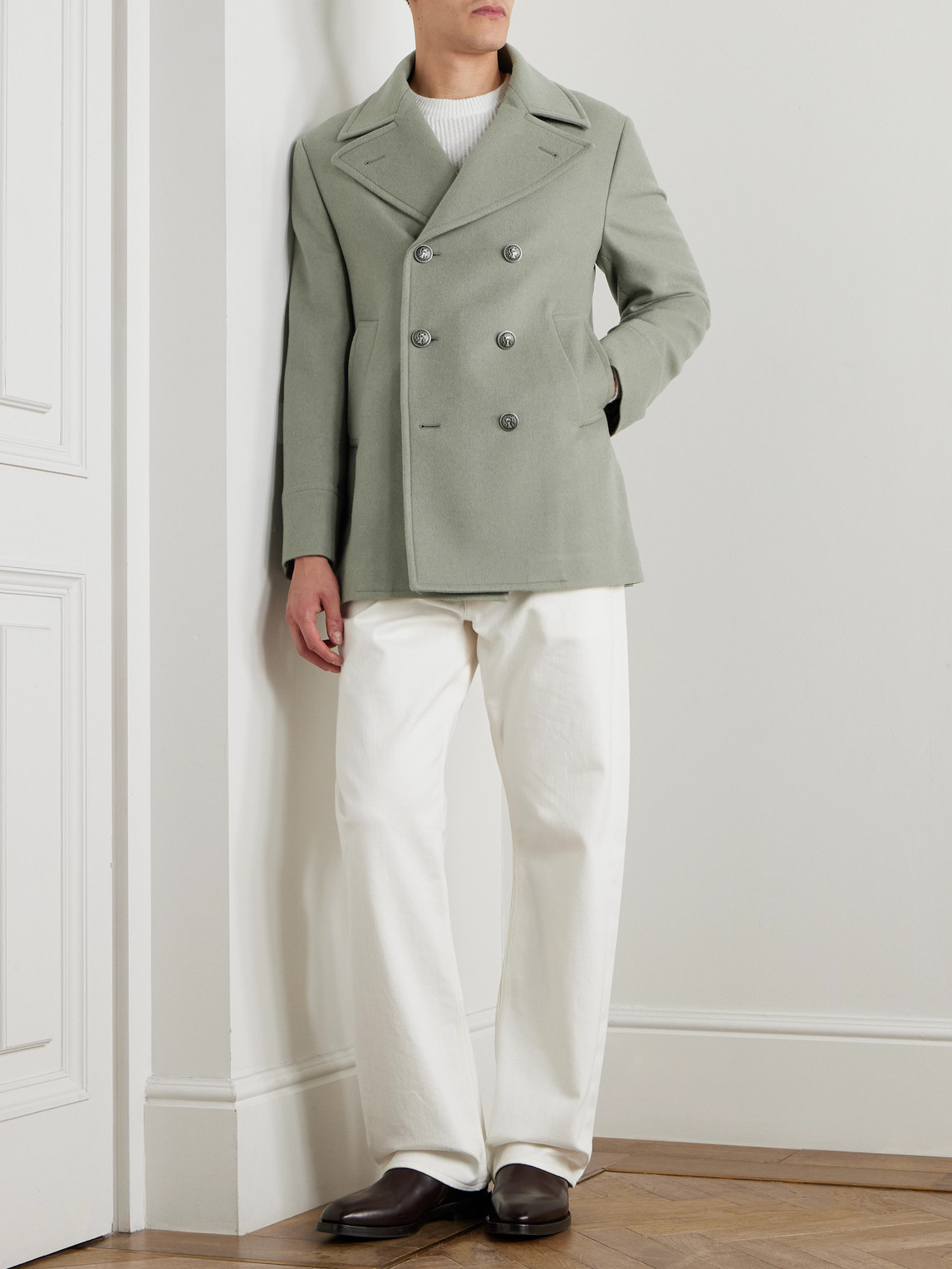 Brunello Cucinelli Double-breasted Brushed-wool Peacoat In Green