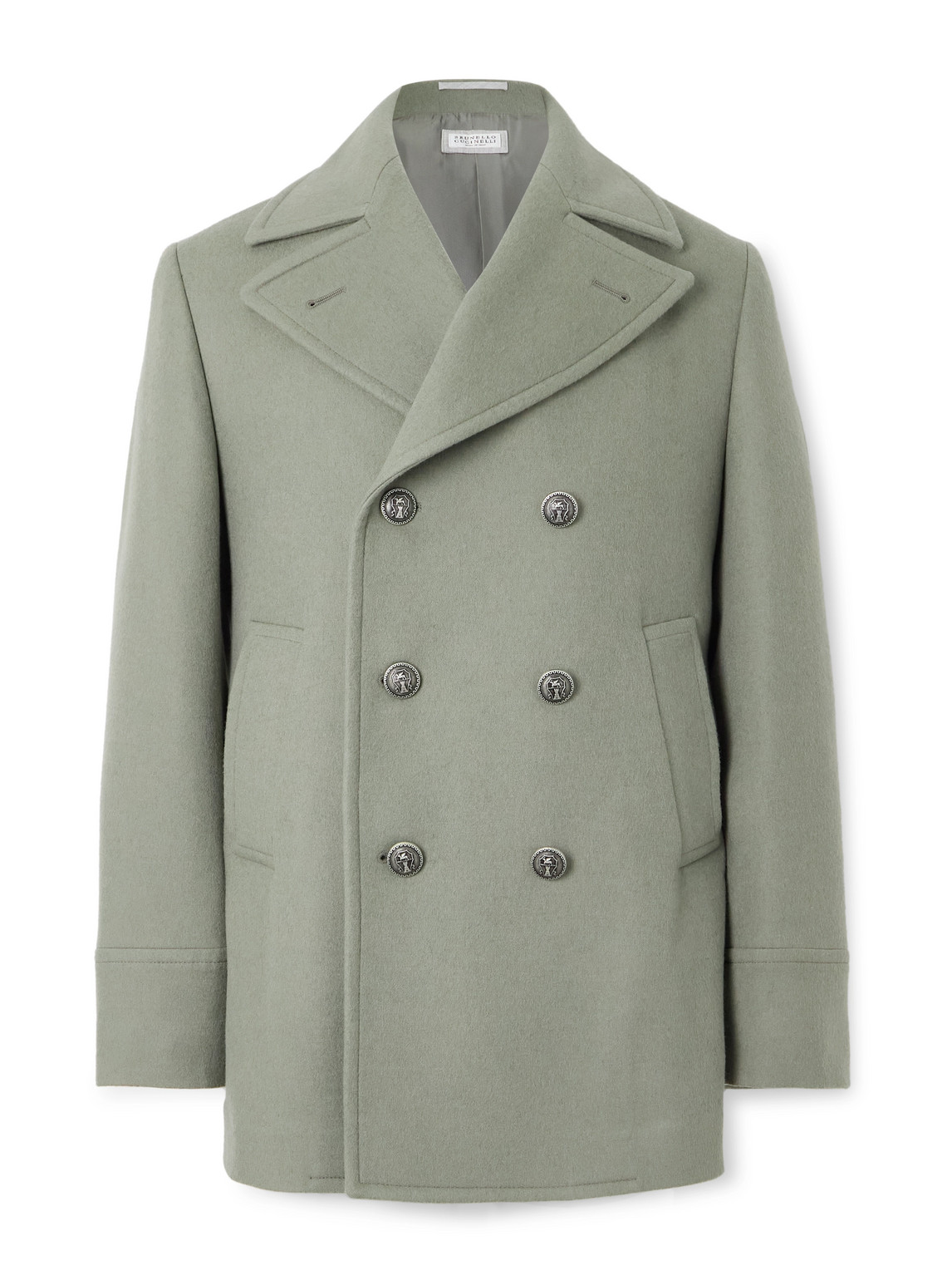 Brunello Cucinelli Double-breasted Brushed-wool Peacoat In Green
