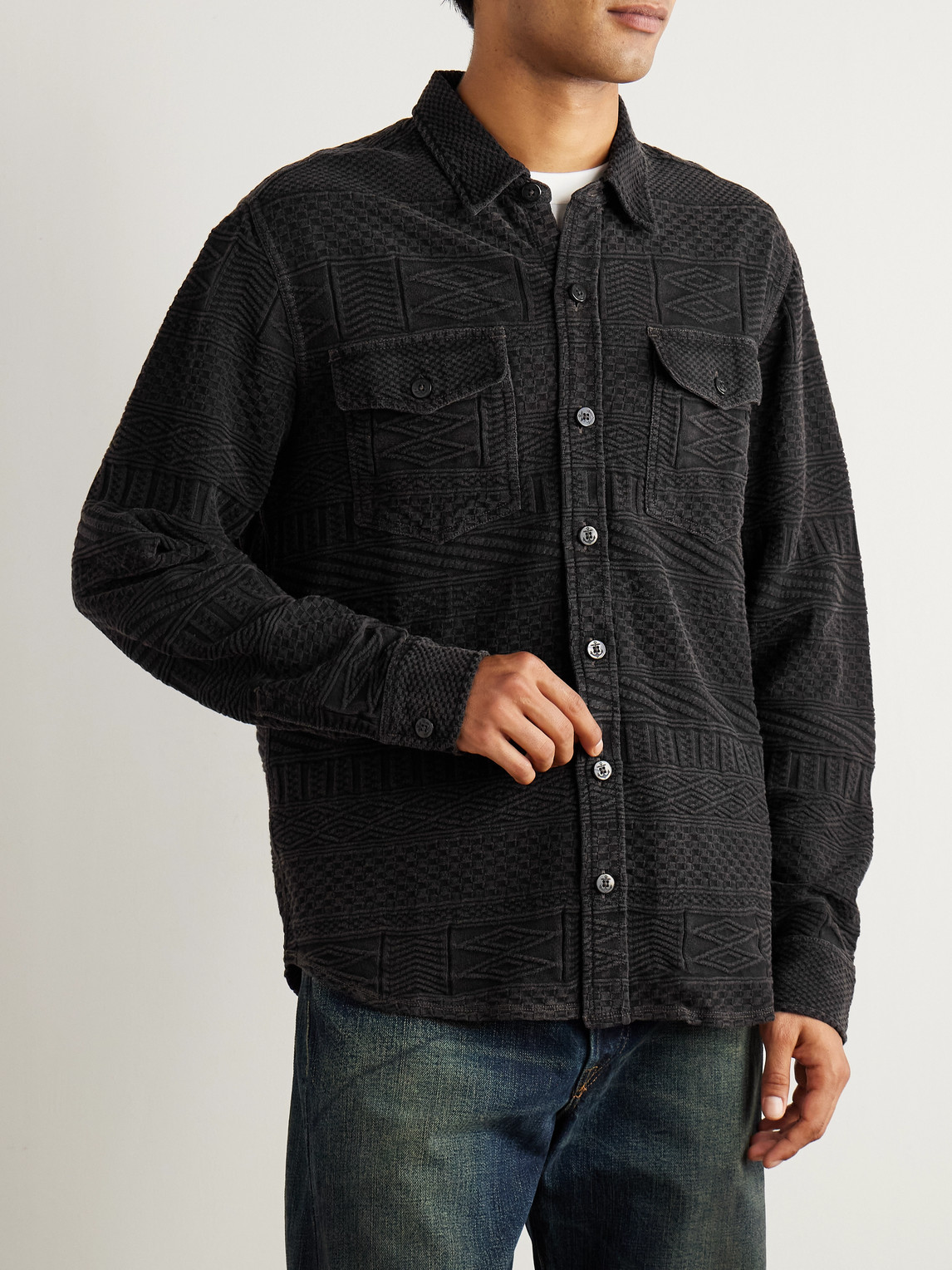 Rrl Julius Cotton-jacquard Shirt In Black