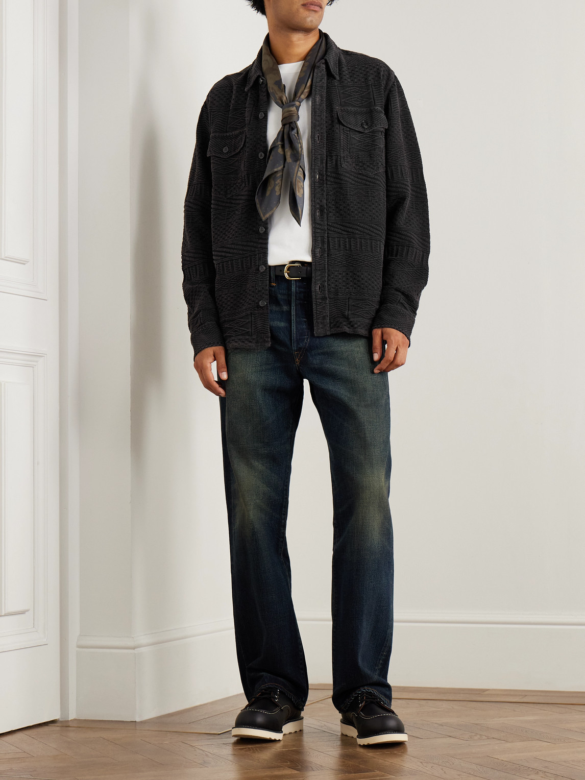 Rrl Julius Cotton-jacquard Shirt In Black