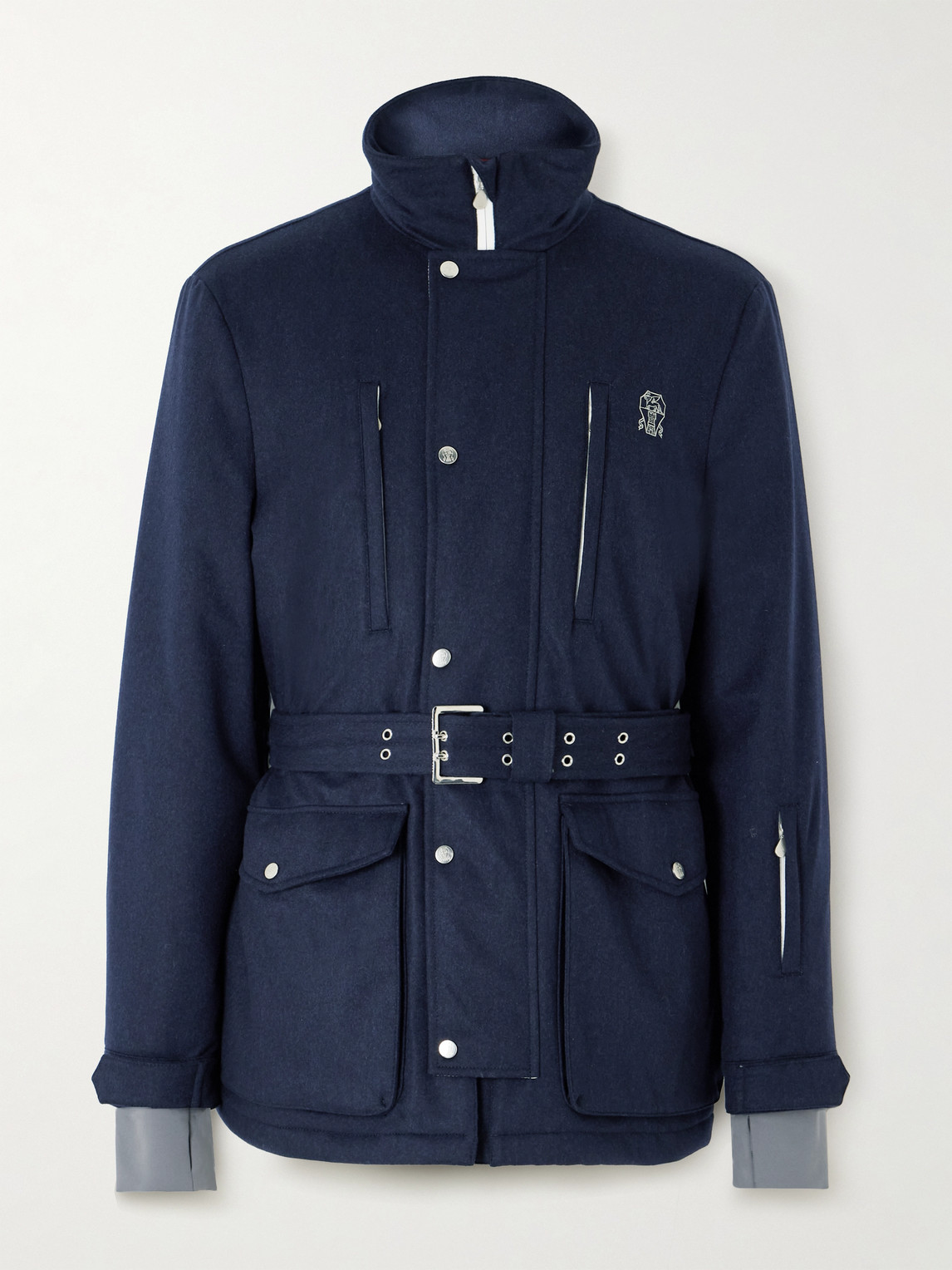 Brunello Cucinelli Belted tretch-Jersey Trimmed Padded Wool-Felt ki Jacket - Men