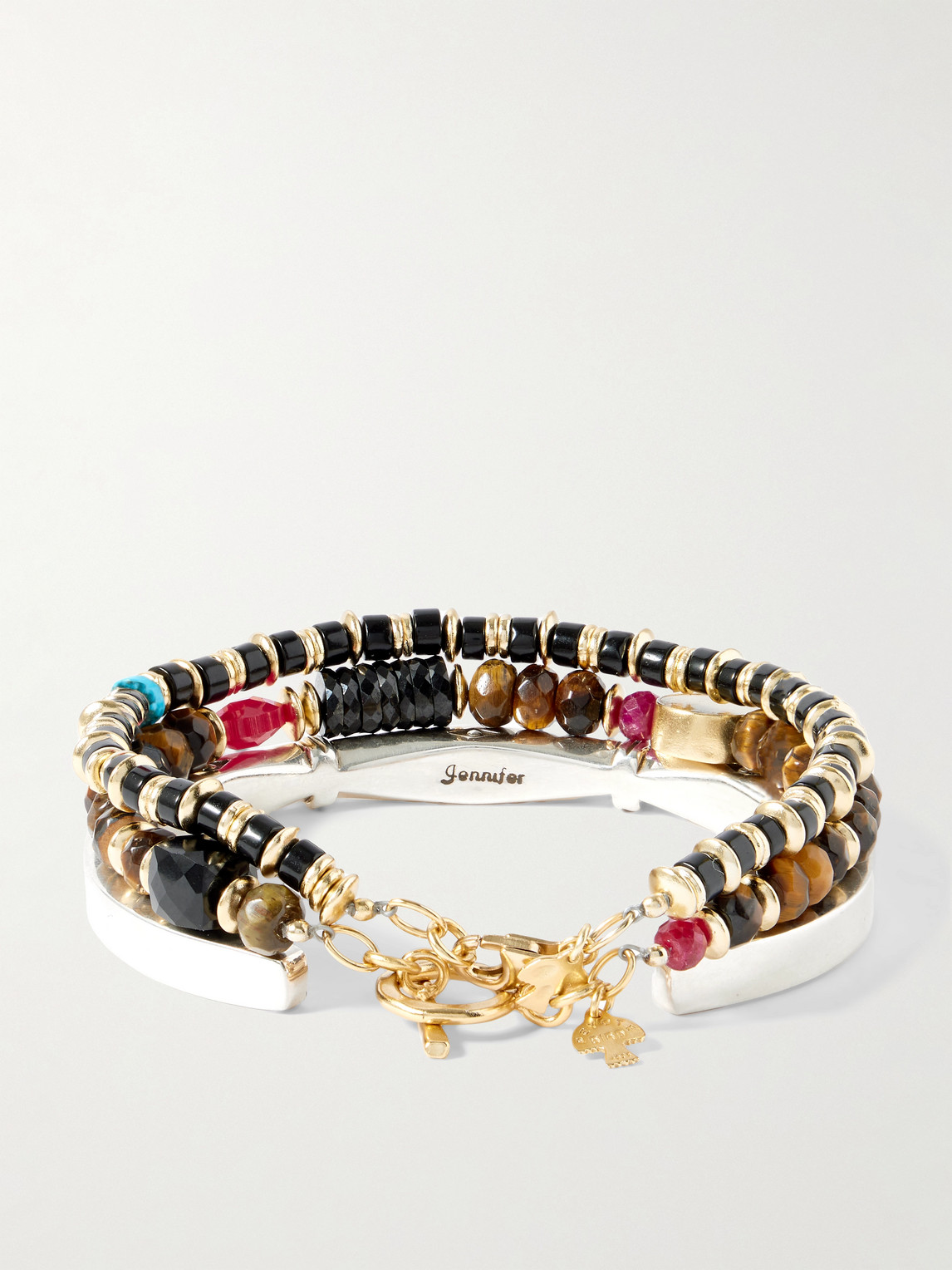 Peyote Bird Set Of Three 14-karat Gold-plated, Sterling Silver And Ruby Beaded Bracelets In Silver
