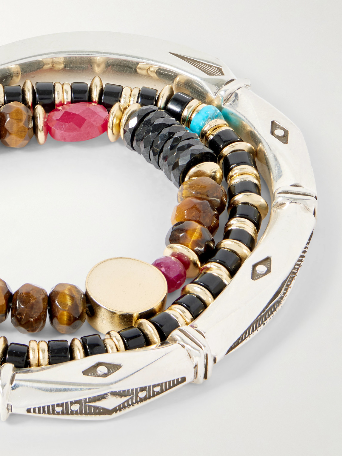 Peyote Bird Set Of Three 14-karat Gold-plated, Sterling Silver And Ruby Beaded Bracelets In Silver