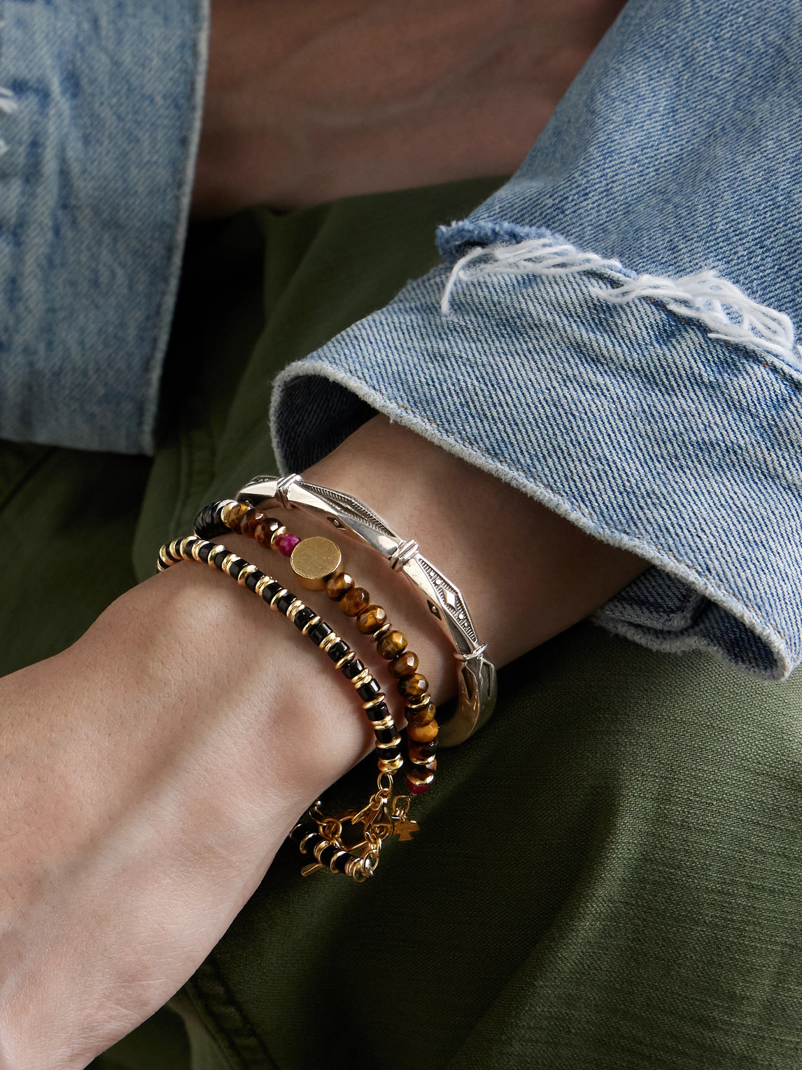 Peyote Bird Set Of Three 14-karat Gold-plated, Sterling Silver And Ruby Beaded Bracelets In Silver