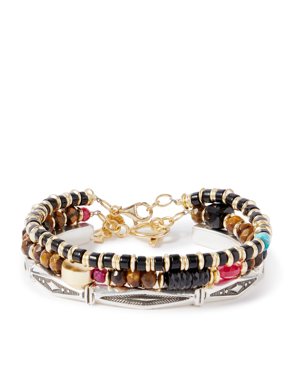 Peyote Bird Set Of Three 14-karat Gold-plated, Sterling Silver And Ruby Beaded Bracelets