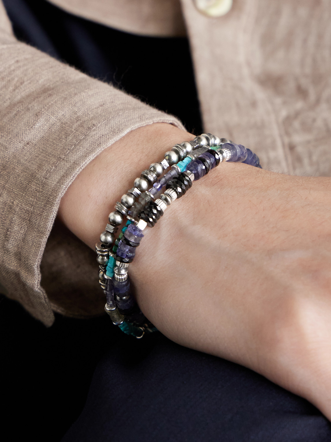 Peyote Bird Set Of Three Sterling Silver Multi-stone Beaded Bracelets In Silver