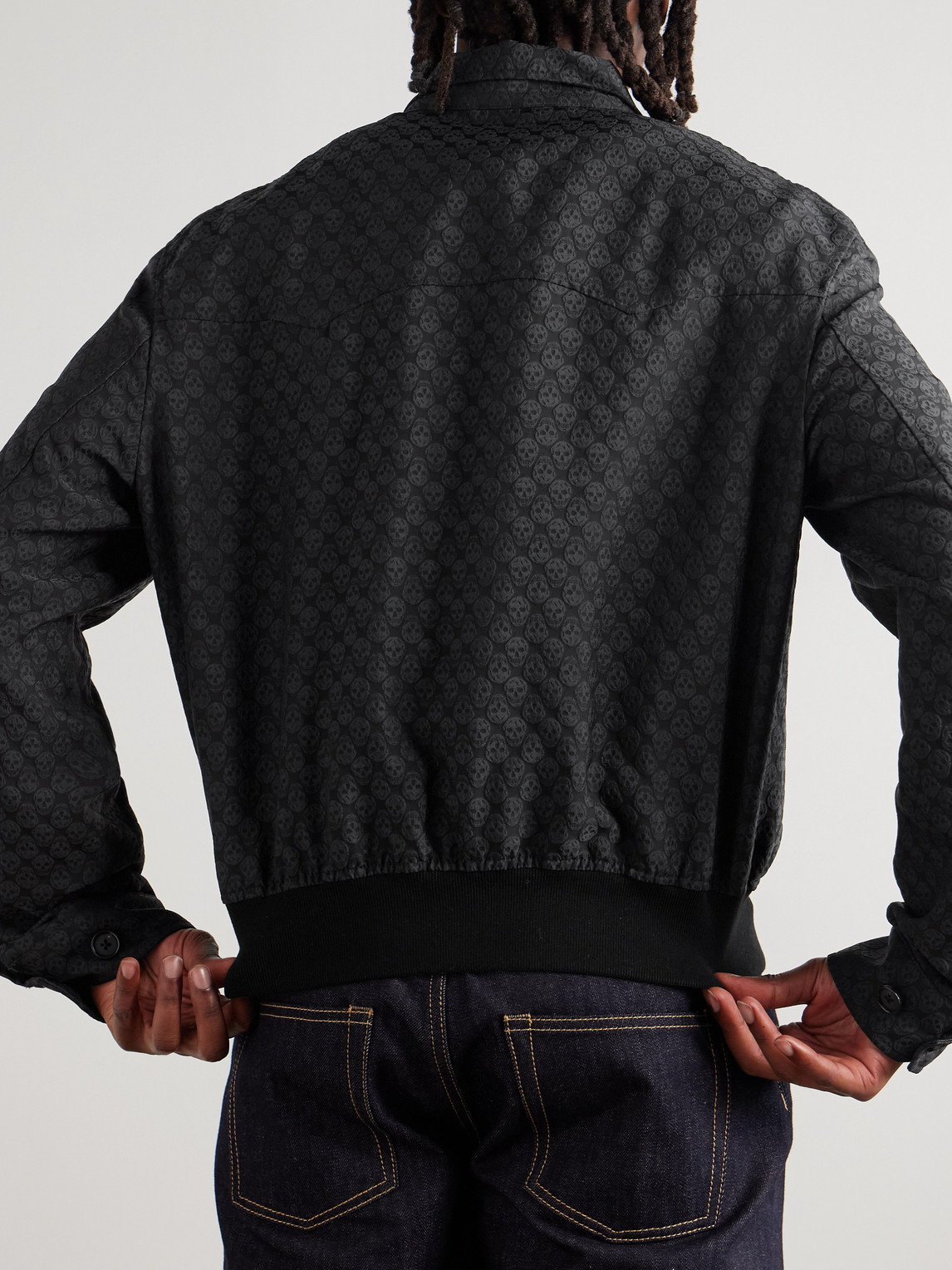 Alexander Mcqueen Cropped Printed Twill Harrington Jacket In Black