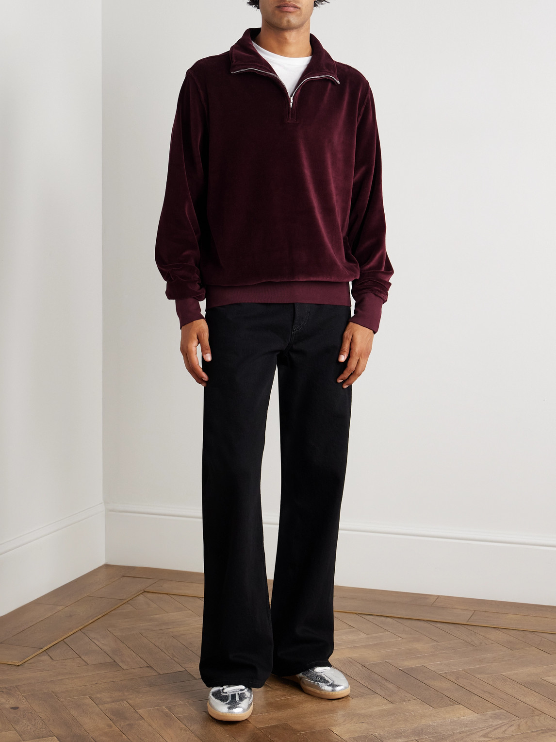 Les Tien Cotton-blend Velour Half-zip Sweatshirt In Burgundy