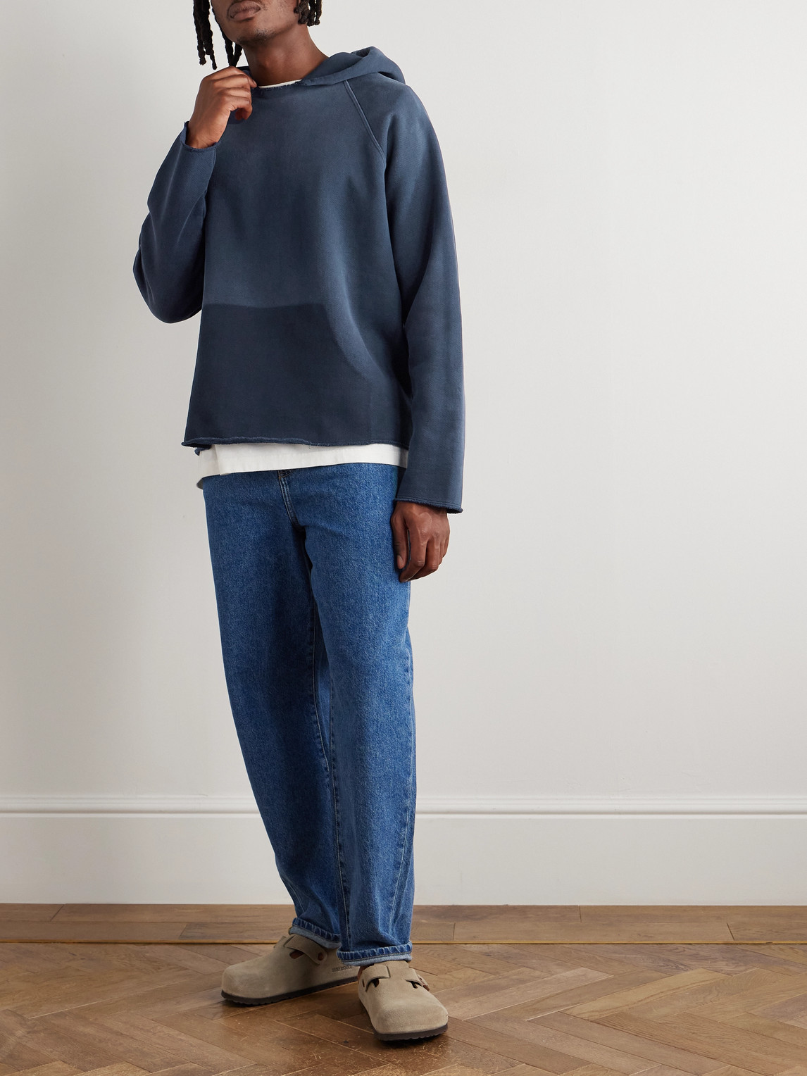 Les Tien Distressed Cotton-jersey Hoodie In Blue