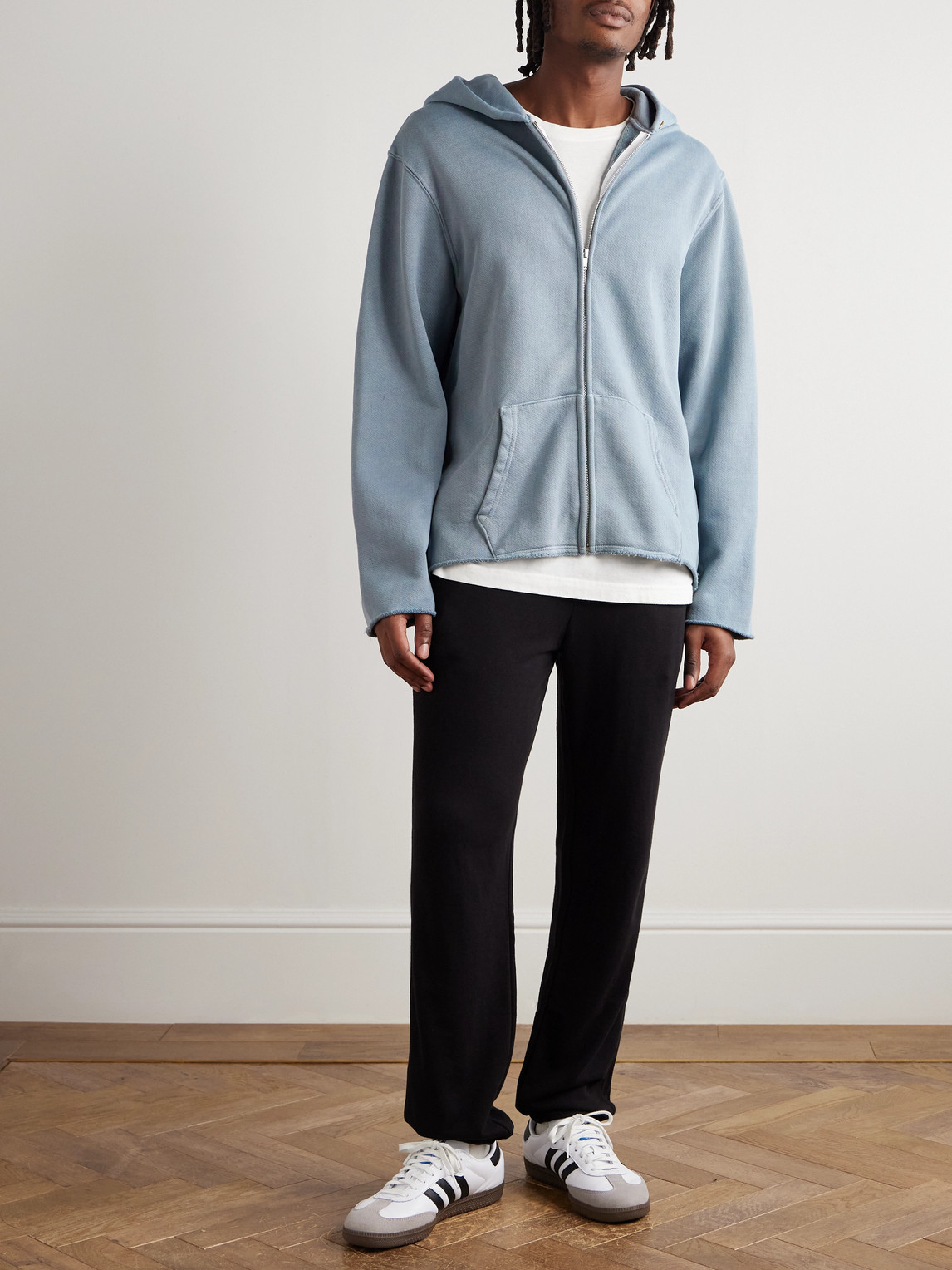 Les Tien Garment-dyed Distressed Cotton-jersey Zip-up Hoodie In Blue