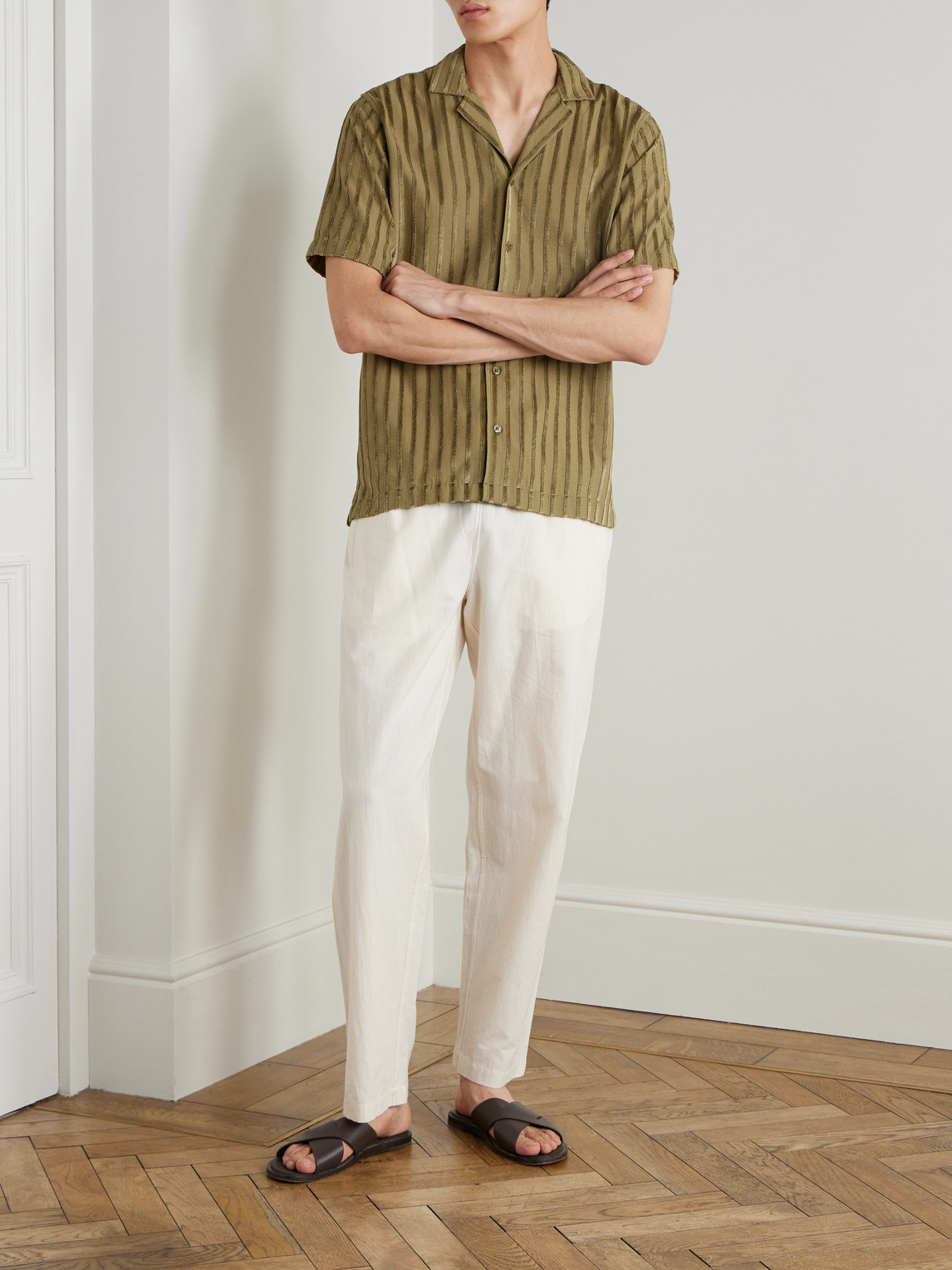 Orlebar Brown Maitan Camp-collar Chenille-jacquard Shirt In Brown