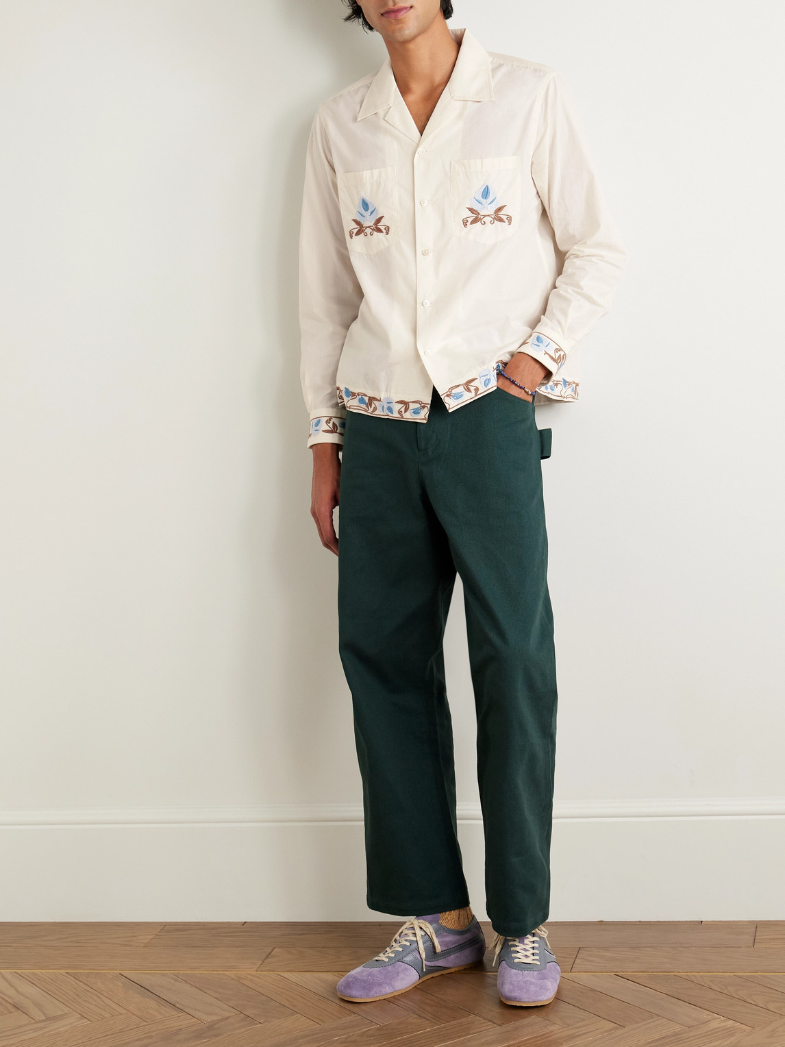 Bode Nouveau Vine Camp-collar Embroidered Cotton-poplin Shirt In White